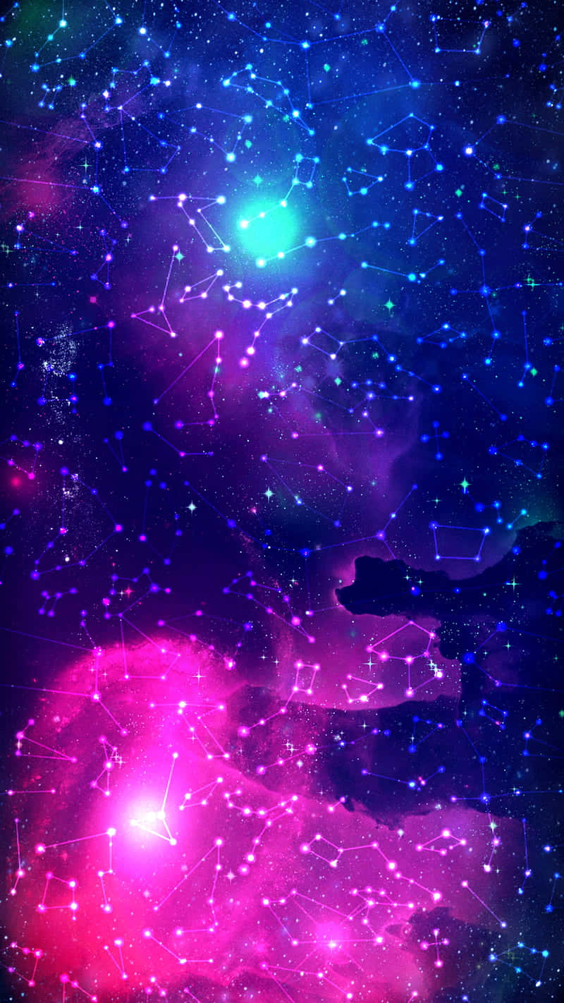 Constellations 桌布 壁紙 — 充滿活力的宇宙星雲散發著粉紅色和藍色的色調，星座在深邃的太空畫布上連接發光的星星。