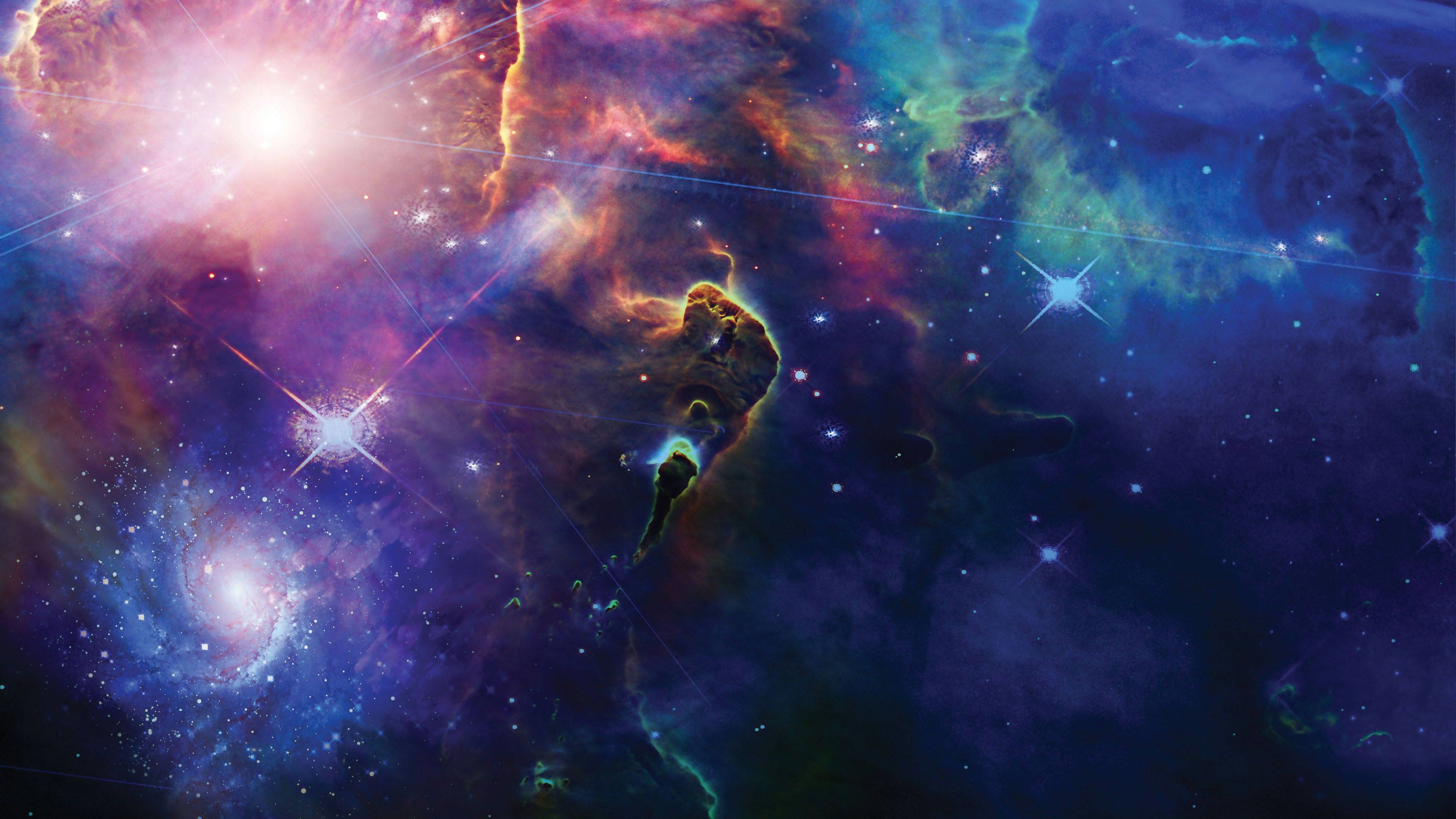 4K ultra HD galaxy 桌布 壁紙 — 充滿活力的宇宙星雲散發著紫色、藍色和橙色的光芒，明亮的星星穿透旋轉的星際雲。