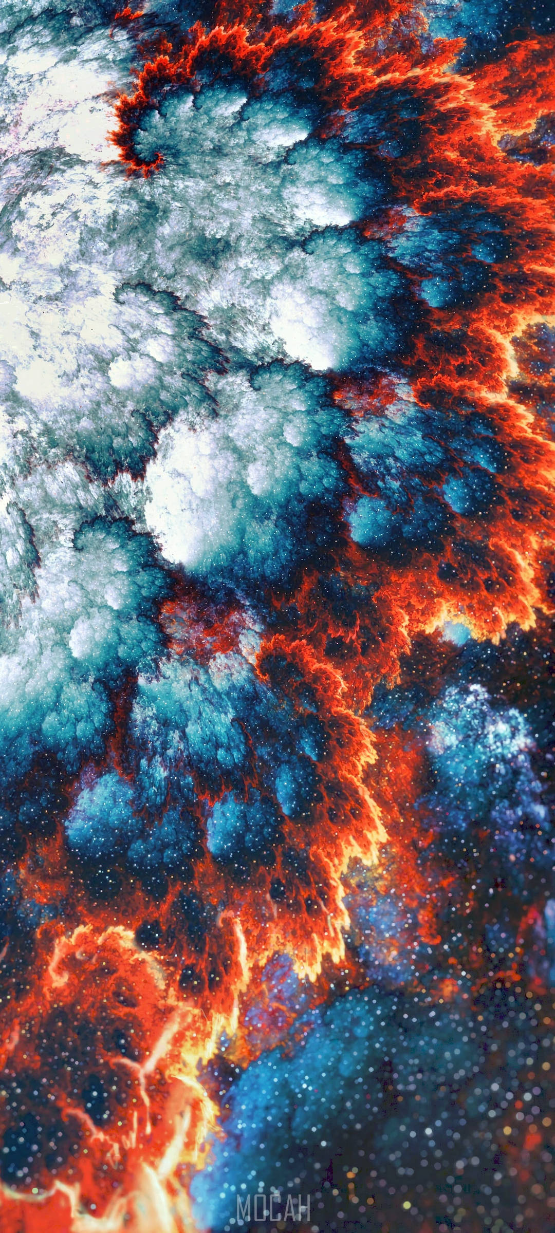 銀河 桌布 壁紙 — 充滿活力的宇宙星雲漩渦，呈現火熱橙色與冷藍色，閃爍的星星點綴在動態的太空場景中。