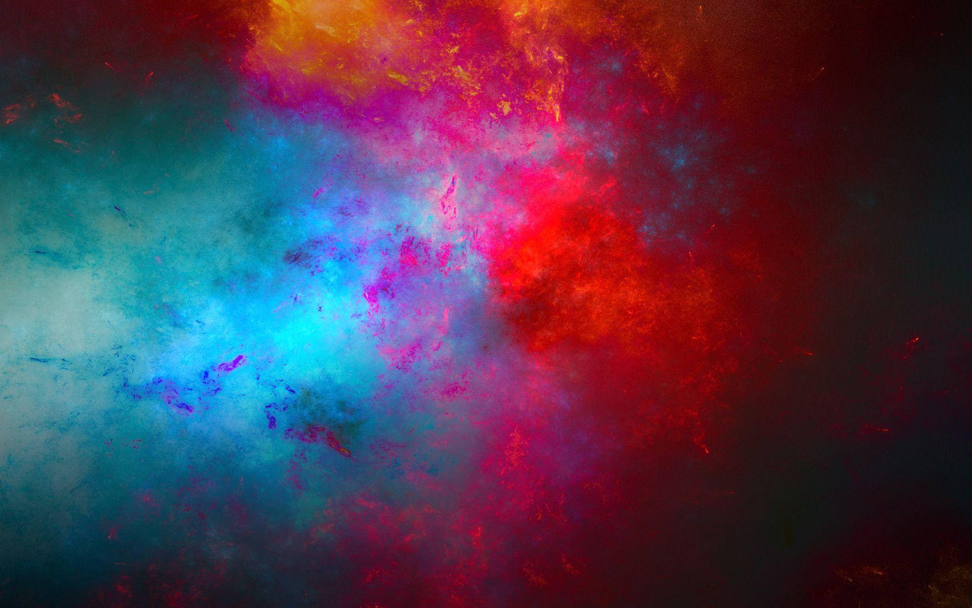 彩色動圖 桌布 壁紙 — 充滿活力的宇宙星雲漩渦，紅色、藍色和紫色在黑暗虛空中形成超現實的天體爆炸。