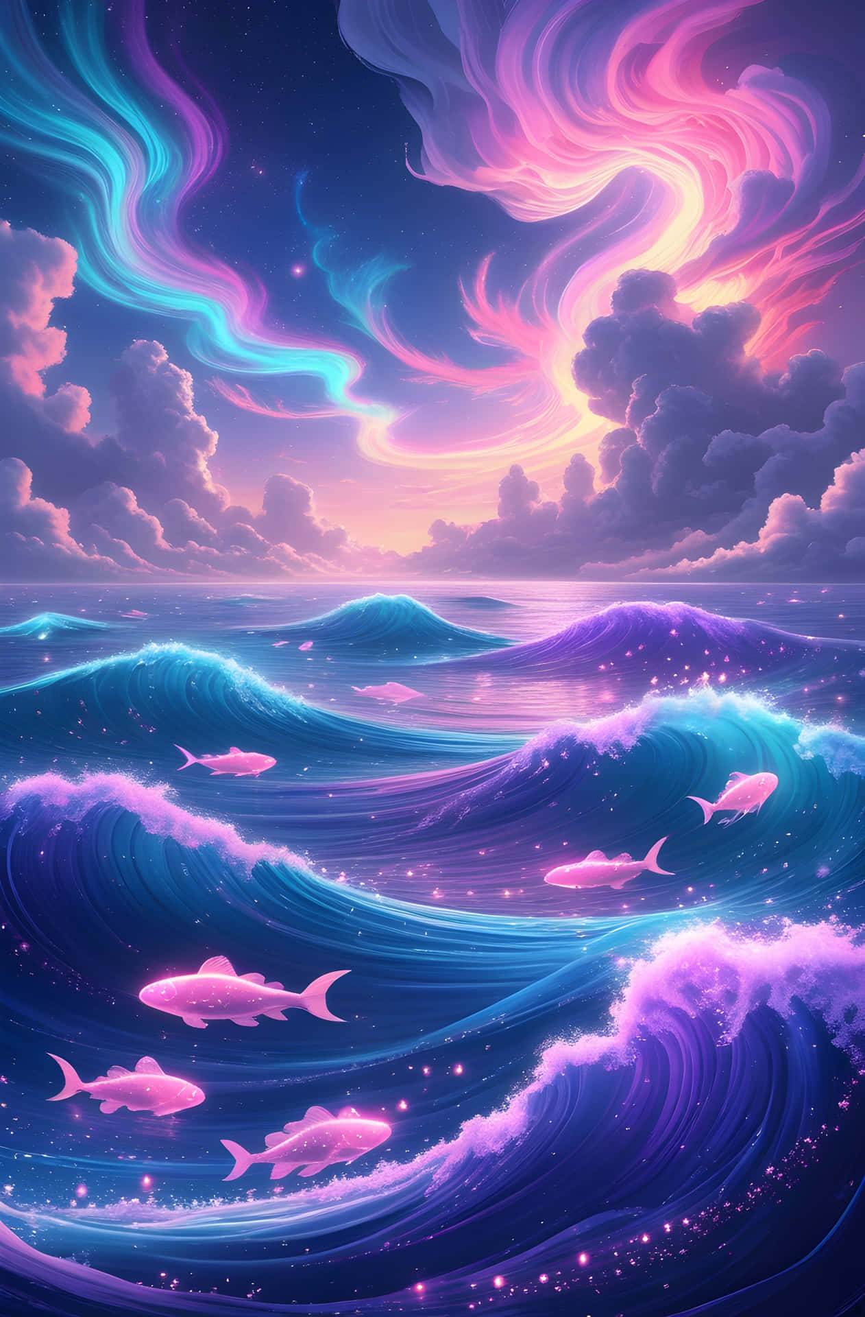 Ethereal Pink Fish in Cosmic Ocean 壁紙 — 充滿活力的宇宙波浪以電光藍和粉紅色旋轉，在星空下，發光的魚在閃爍的水中游動。