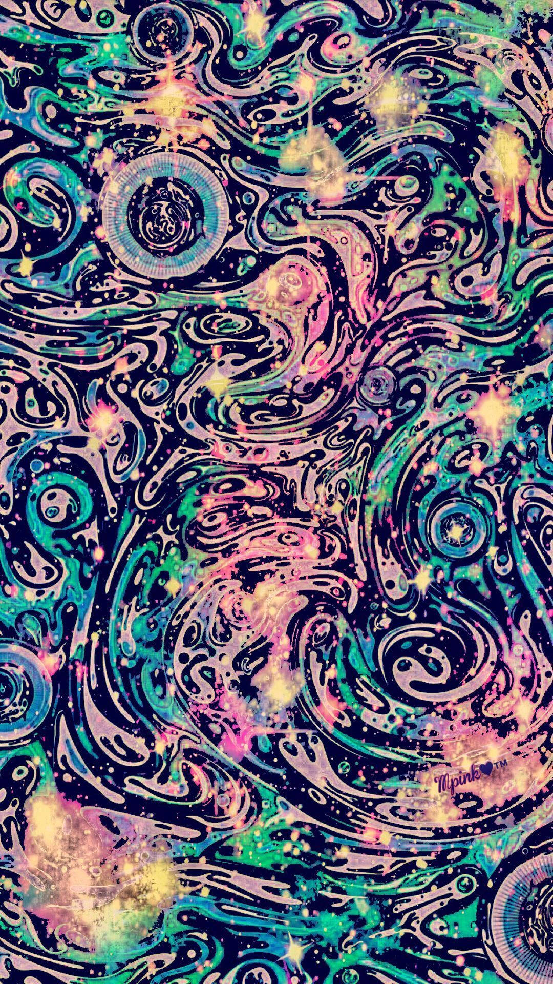 美學大理石 桌布 壁紙 — 充滿活力的宇宙漩渦，以青綠色、粉紅色和金色在黑暗背景上發光，帶有複雜的圖案和發光的球體。