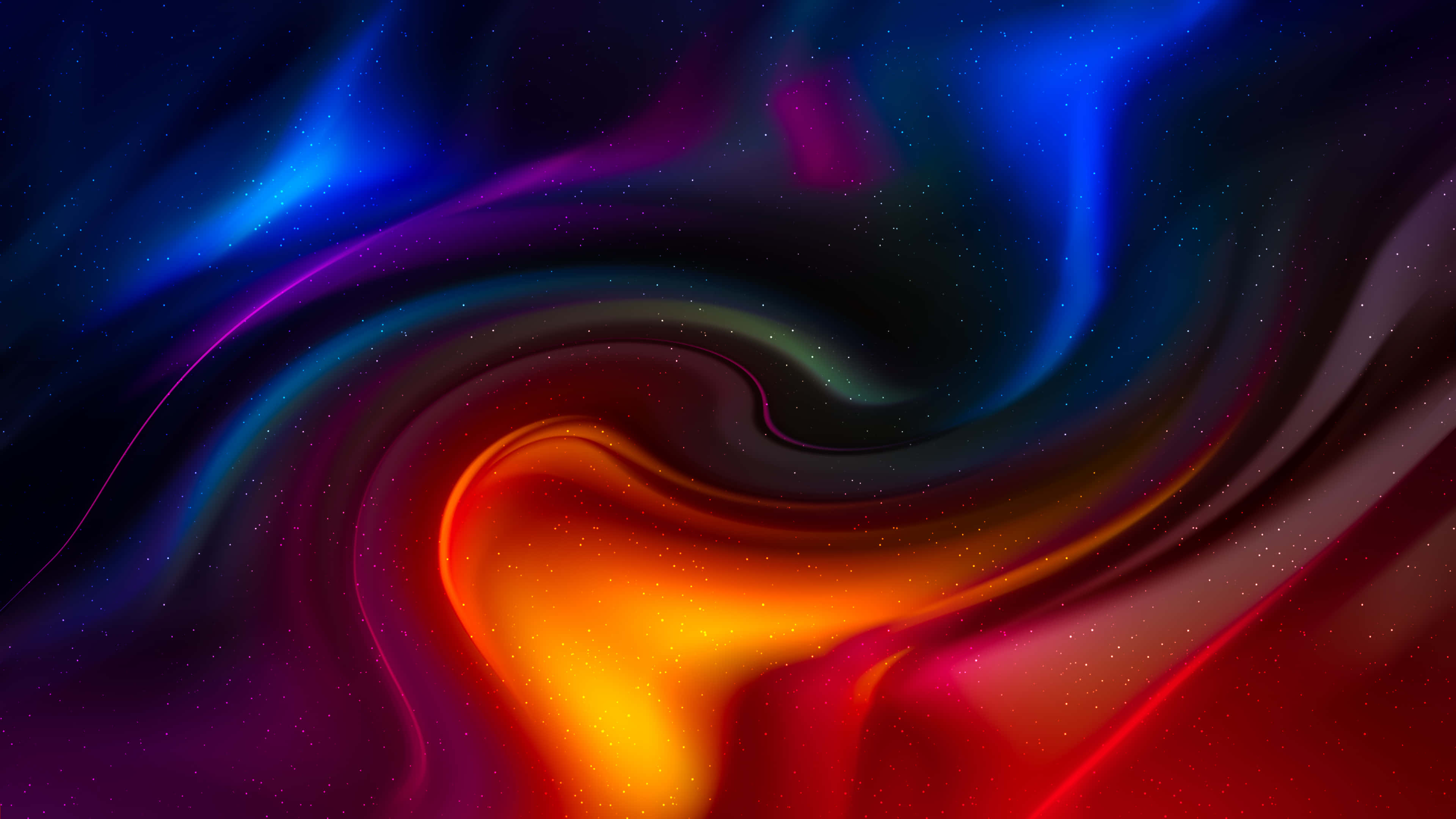 movement 桌布 壁紙 — 充滿活力的宇宙漩渦，呈現藍色、紫色和橙色色調，在黑暗背景上帶有發光粒子。