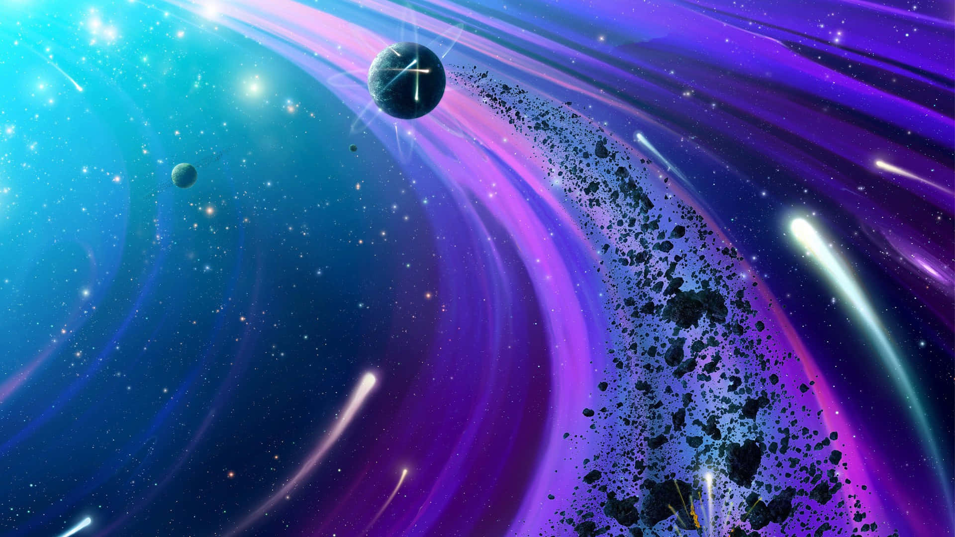 Beautiful Space 桌布 壁紙 — 充滿活力的宇宙漩渦，紫色和藍色星雲掠過發光的行星和流星。