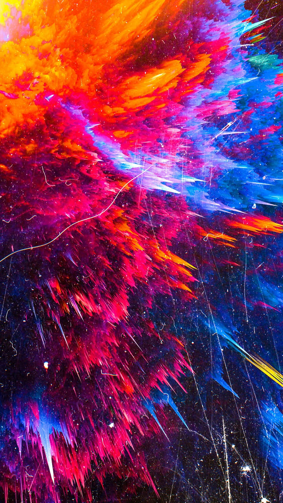 Color Phone 桌布 壁紙 — 充滿活力的宇宙爆炸，橙色、粉紅色和藍色色調以動態筆觸紋理劃過星空虛空。