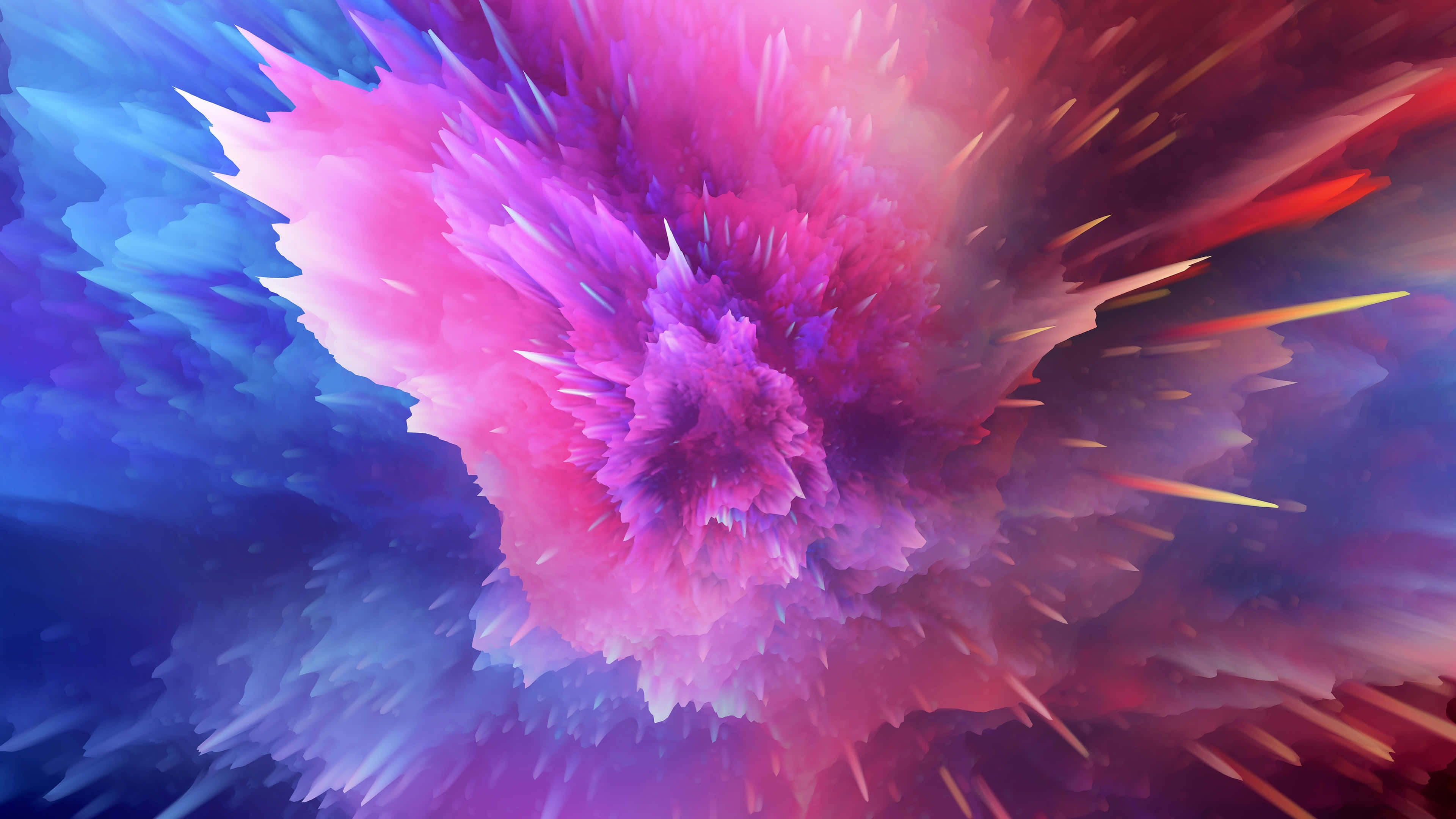 Splash 桌布 壁紙 — 充滿活力的宇宙爆炸從中心輻射出來，帶有尖銳的粉紅色、紫色和藍色觸鬚向外延伸。