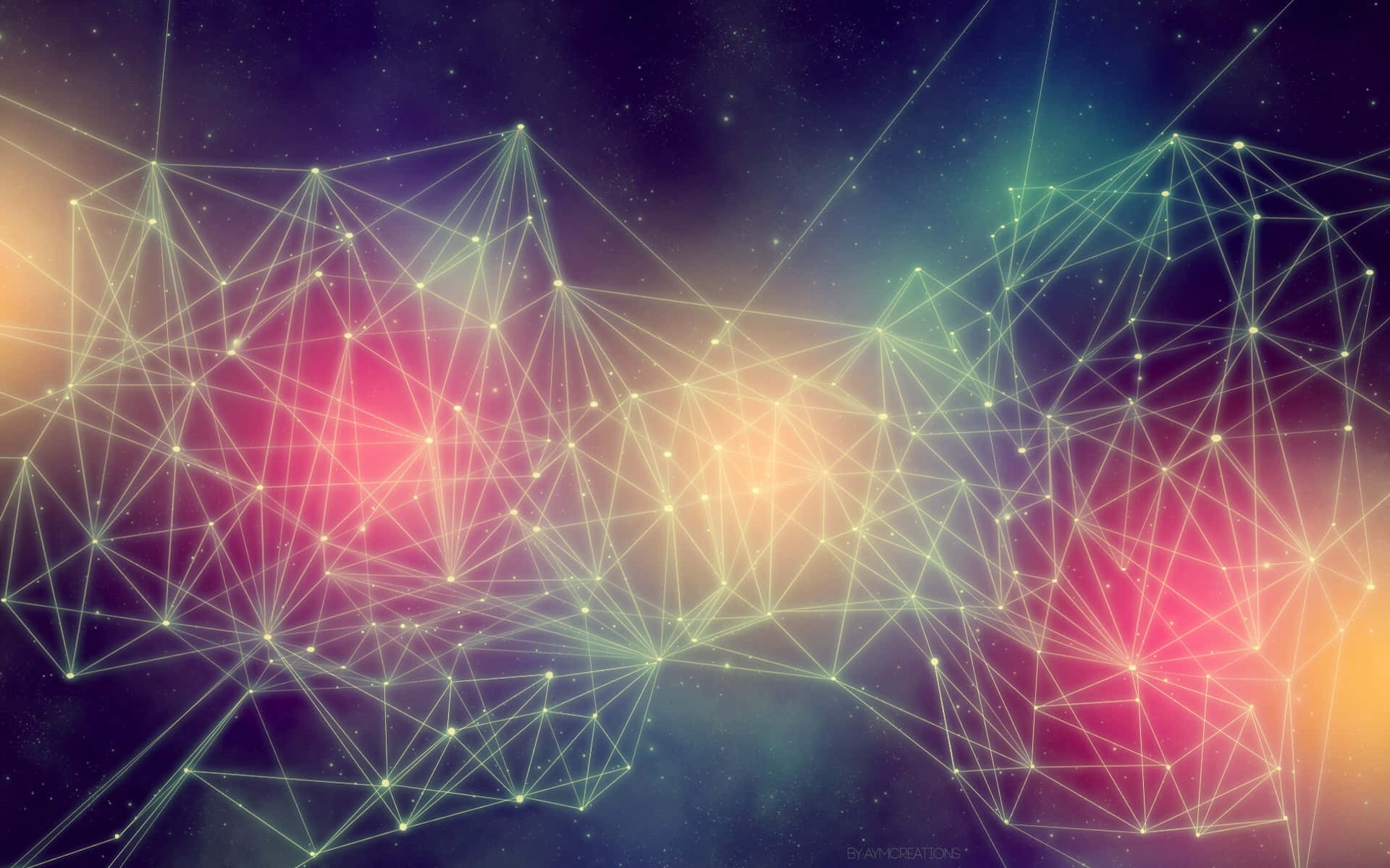 圖案 桌布 壁紙 — 充滿活力的宇宙網絡，由發光的節點和線條組成，背景是紫色、粉紅色和藍綠色的星空漸變天空。