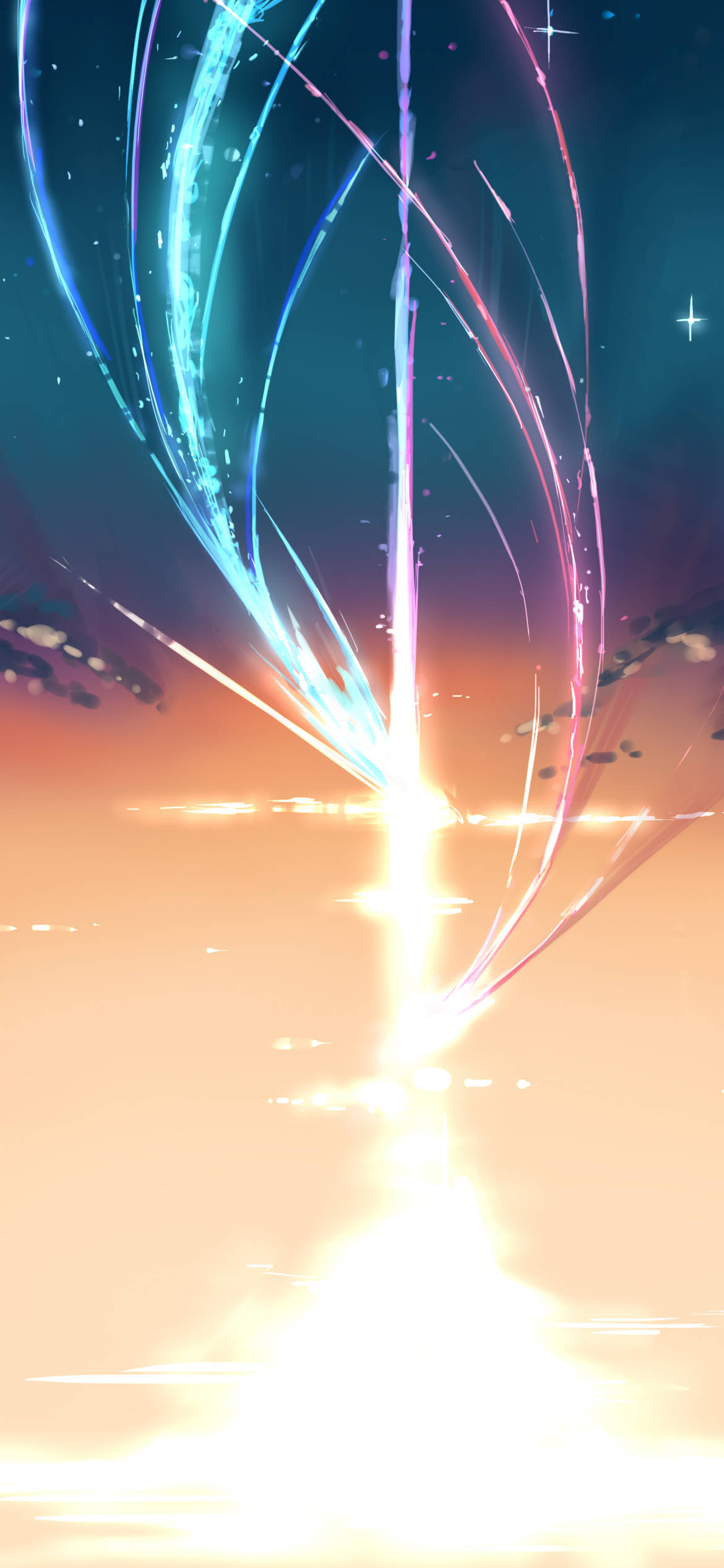 Your Name Anime 桌布 壁紙 — 充滿活力的宇宙能量光束從發光的地平線爆發出來，照耀在星空暮色下的反射表面上。