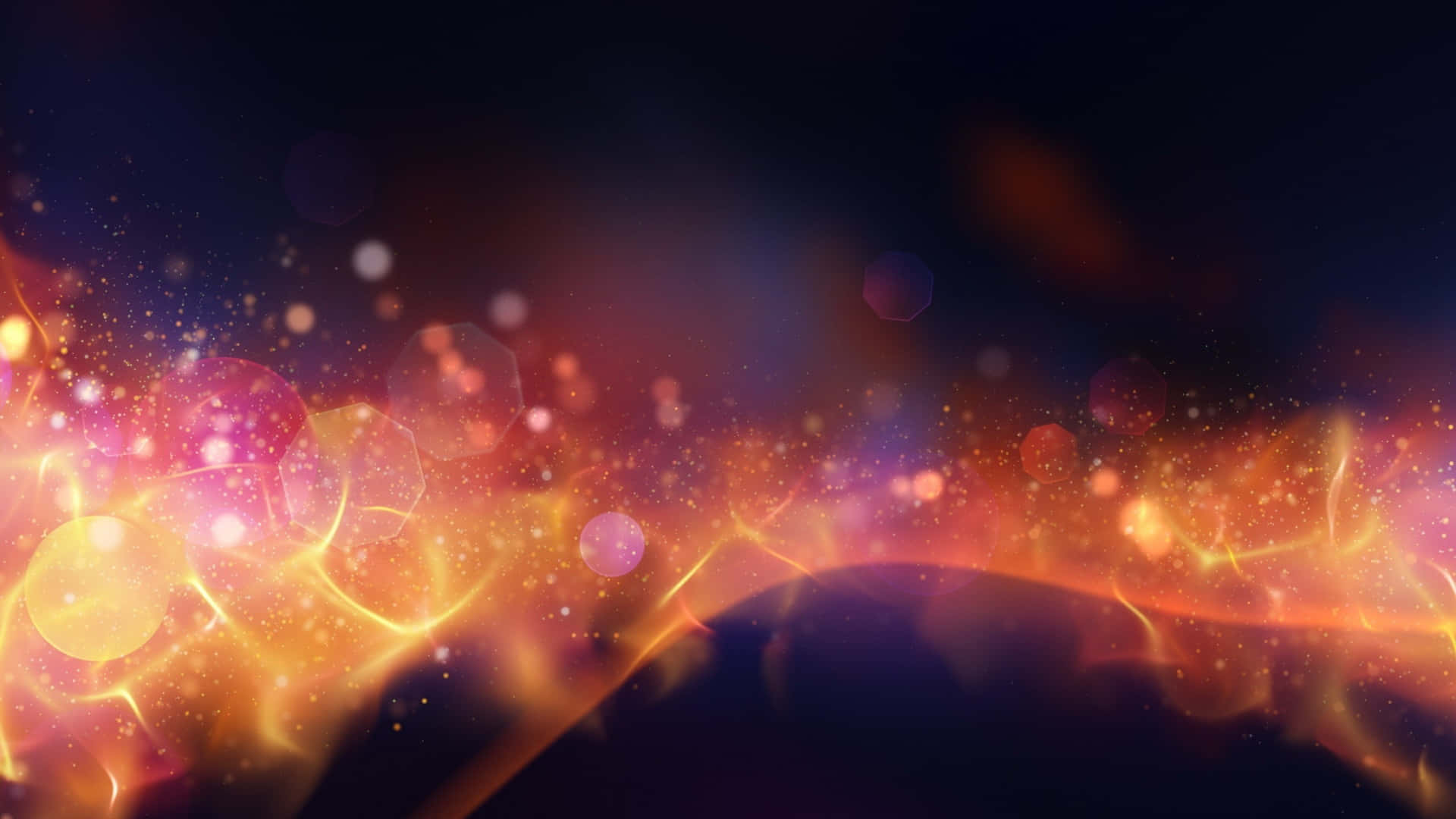 Circle 桌布 壁紙 — 充滿活力的宇宙能量流動，發光的球體和金色條紋在黑暗星雲背景下閃耀。