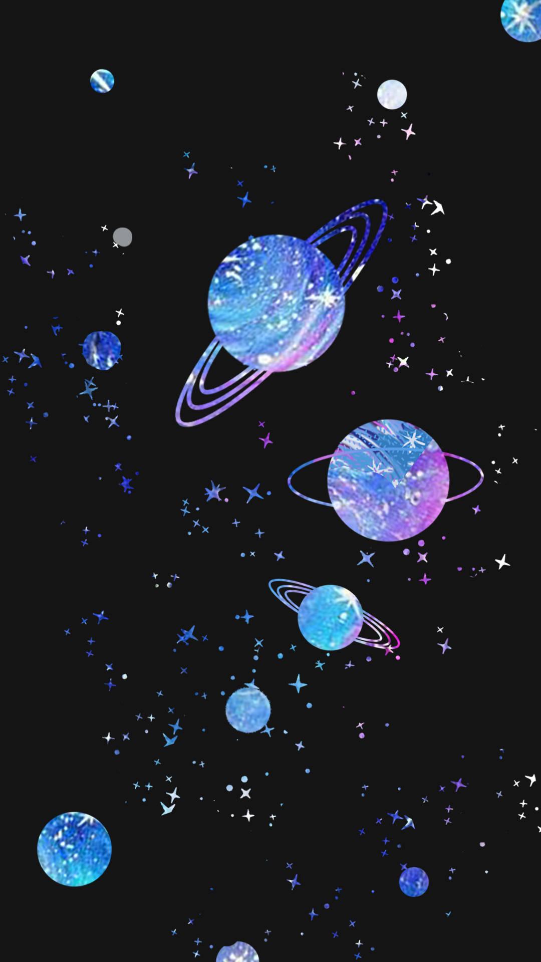 Tumblr 文青風 桌布 壁紙 — 充滿活力的宇宙行星帶有發光環，漂浮在閃爍的星星之間，背景是深邃的黑色太空。