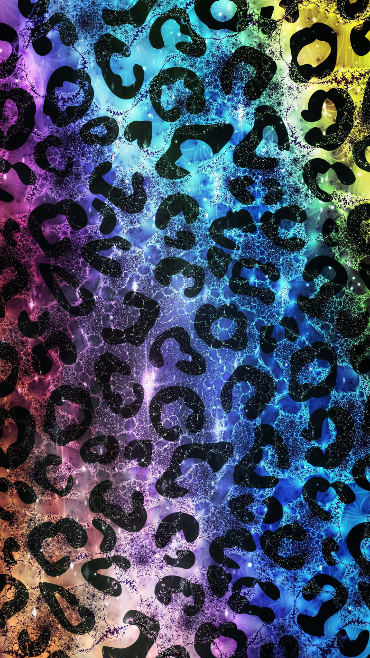Leopard Pattern 桌布 壁紙 — 充滿活力的宇宙豹紋圖案，帶有發光的星雲色彩和閃爍的粒子。