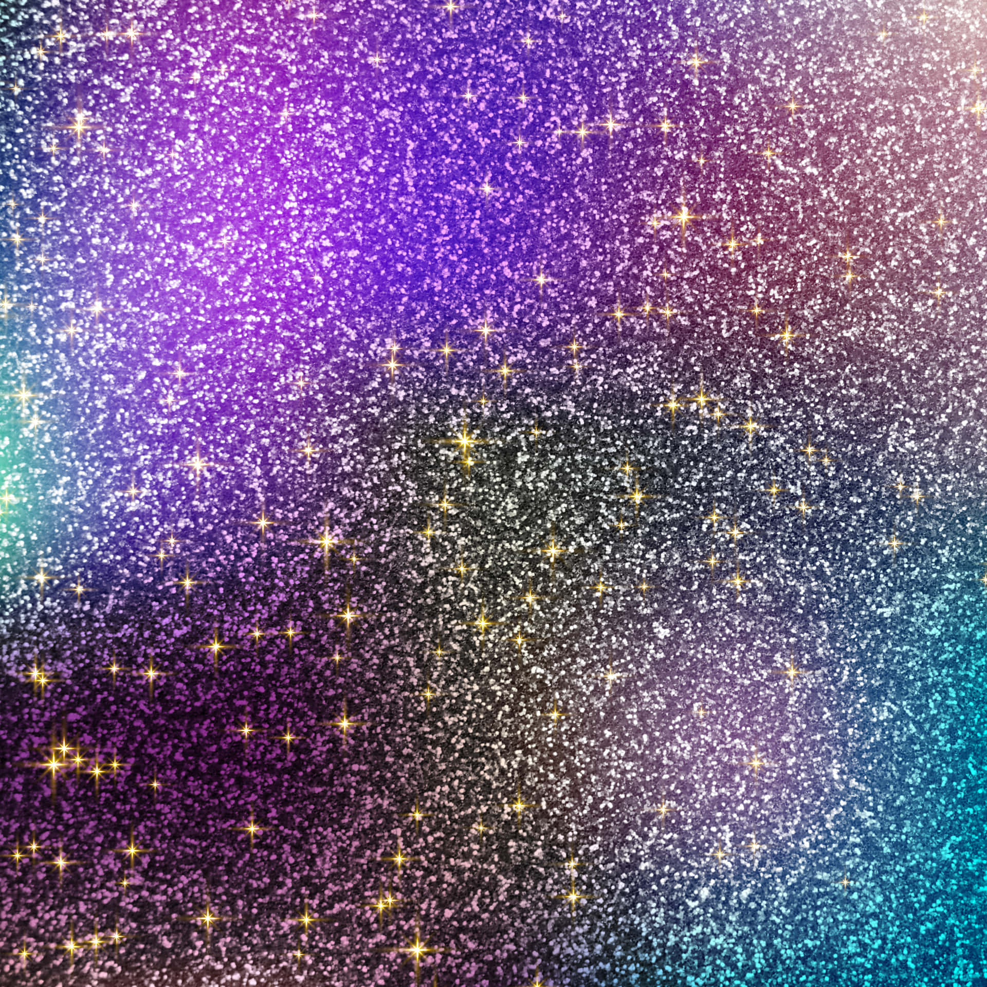 Glitter background with a shimmering texture. Aesthetic glitter background with blank space 壁紙 — 充滿活力的宇宙閃粉漸變色，帶有紫色、藍色和藍綠色調，閃爍著金色星星。