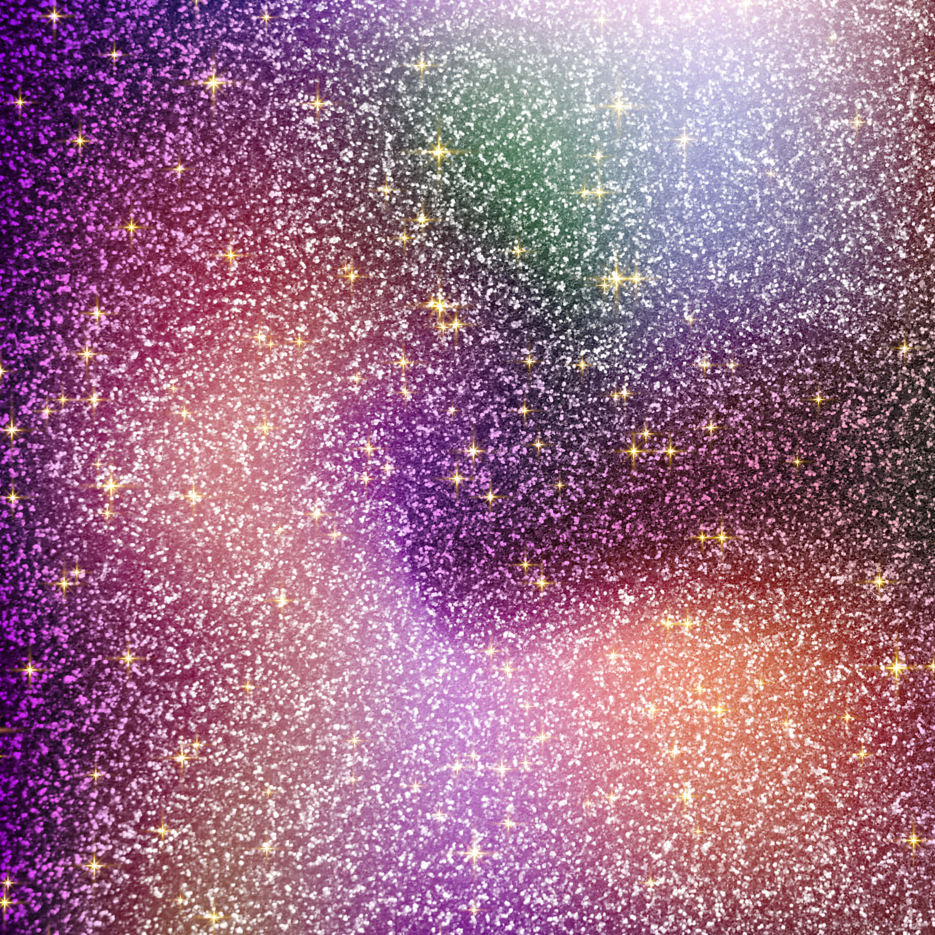 Glitter background with a shimmering texture. Aesthetic glitter background with blank space 壁紙 — 充滿活力的宇宙閃粉背景，帶有閃爍星星和紫色、粉紅色、綠色和橙色的漸變色調。