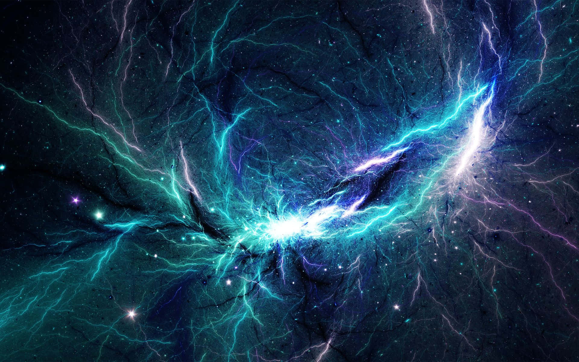 星雲 桌布 壁紙 — 充滿活力的宇宙閃電在深空星場中劈啪作響，帶有電光藍和紫色色調。