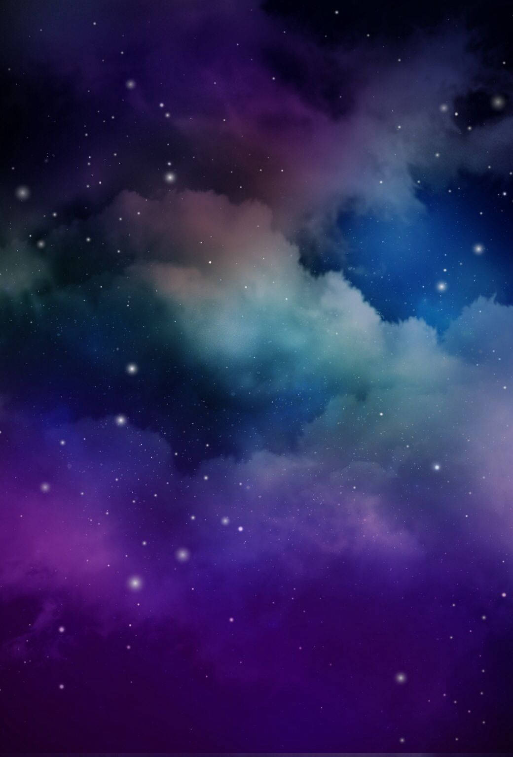 Screen 桌布 壁紙 — 充滿活力的宇宙雲層在深紫色、藍色和藍綠色中旋轉，點綴著閃爍的星星，映襯著黑暗的虛空。