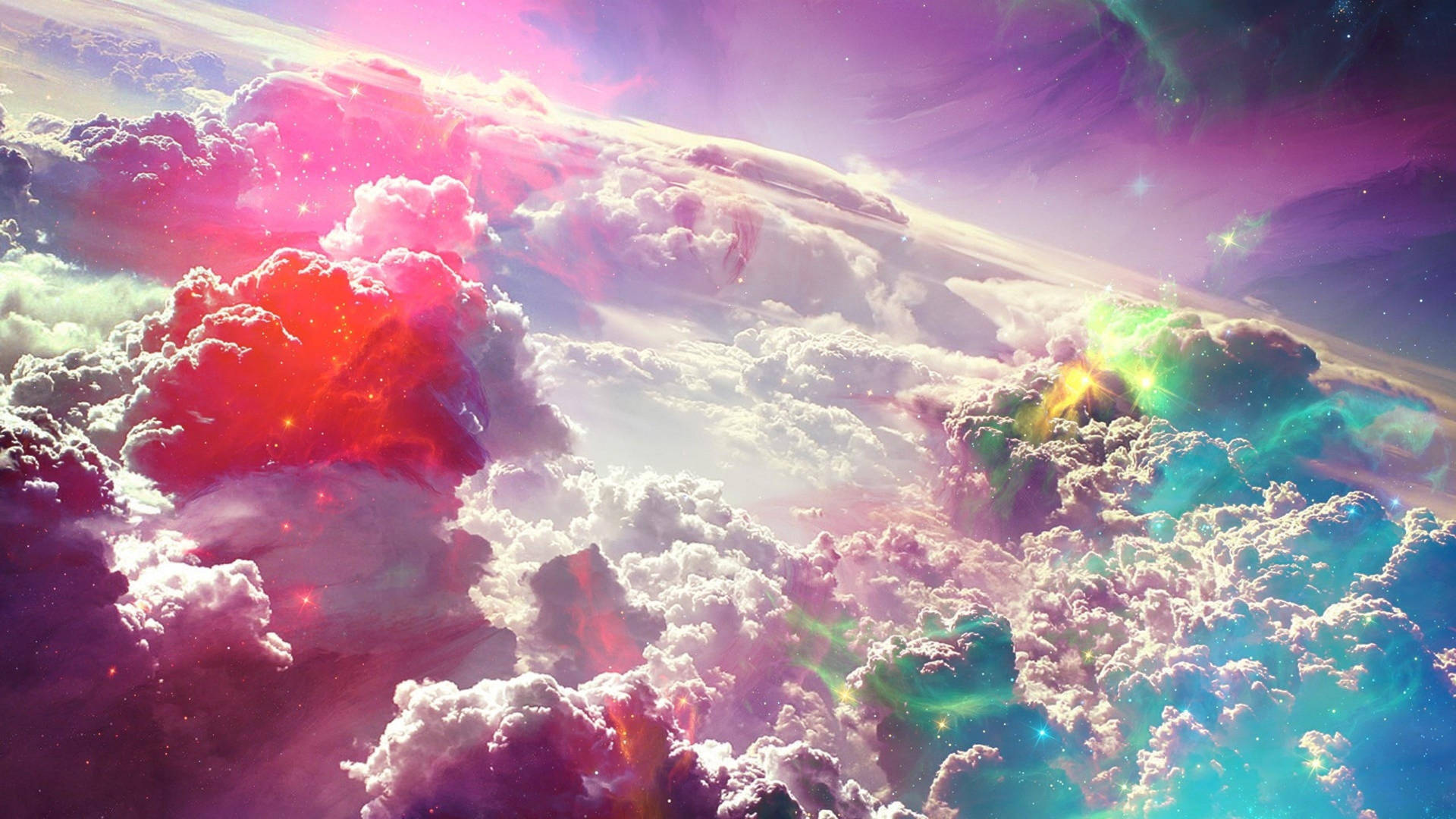 彩虹 桌布 壁紙 — 充滿活力的宇宙雲層在繁星點點的星雲天空中散發出粉紅色、紅色和藍綠色的色調。