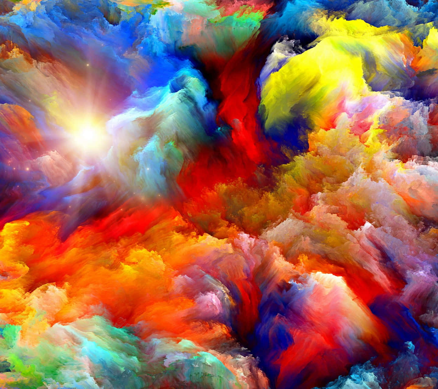 Colorful Desktop 桌布 壁紙 — 充滿活力的宇宙雲層在色彩繽紛的爆炸中旋轉，中央有明亮的太陽光芒。