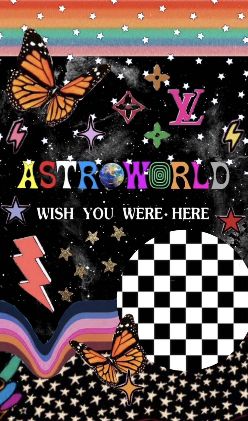 Astroworld 桌布 壁紙 — 充滿活力的宇宙風格壁紙，以黑色星空為背景，點綴著帝王斑蝶、彩虹條紋、星星和格子圖案。