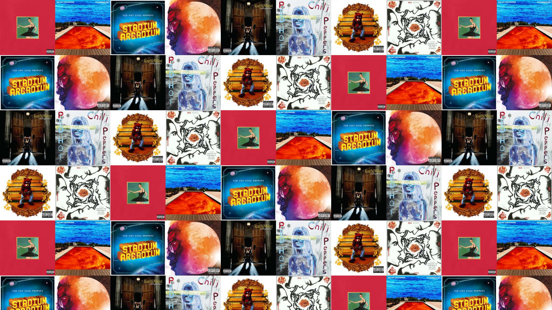 My Beautiful Dark Twisted Fantasy 桌布 壁紙 — 充滿活力的專輯封面拼貼，包含超現實圖像，如發光的月亮、迷幻圖案和大膽色彩的風格化人物。