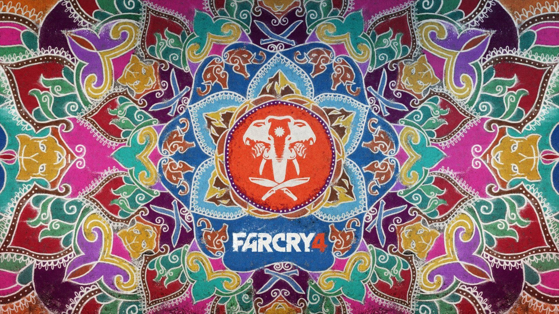 Far Cry 4 桌布 壁紙 — 充滿活力的對稱曼陀羅，中央有象頭標誌和「Far Cry 4」文字。