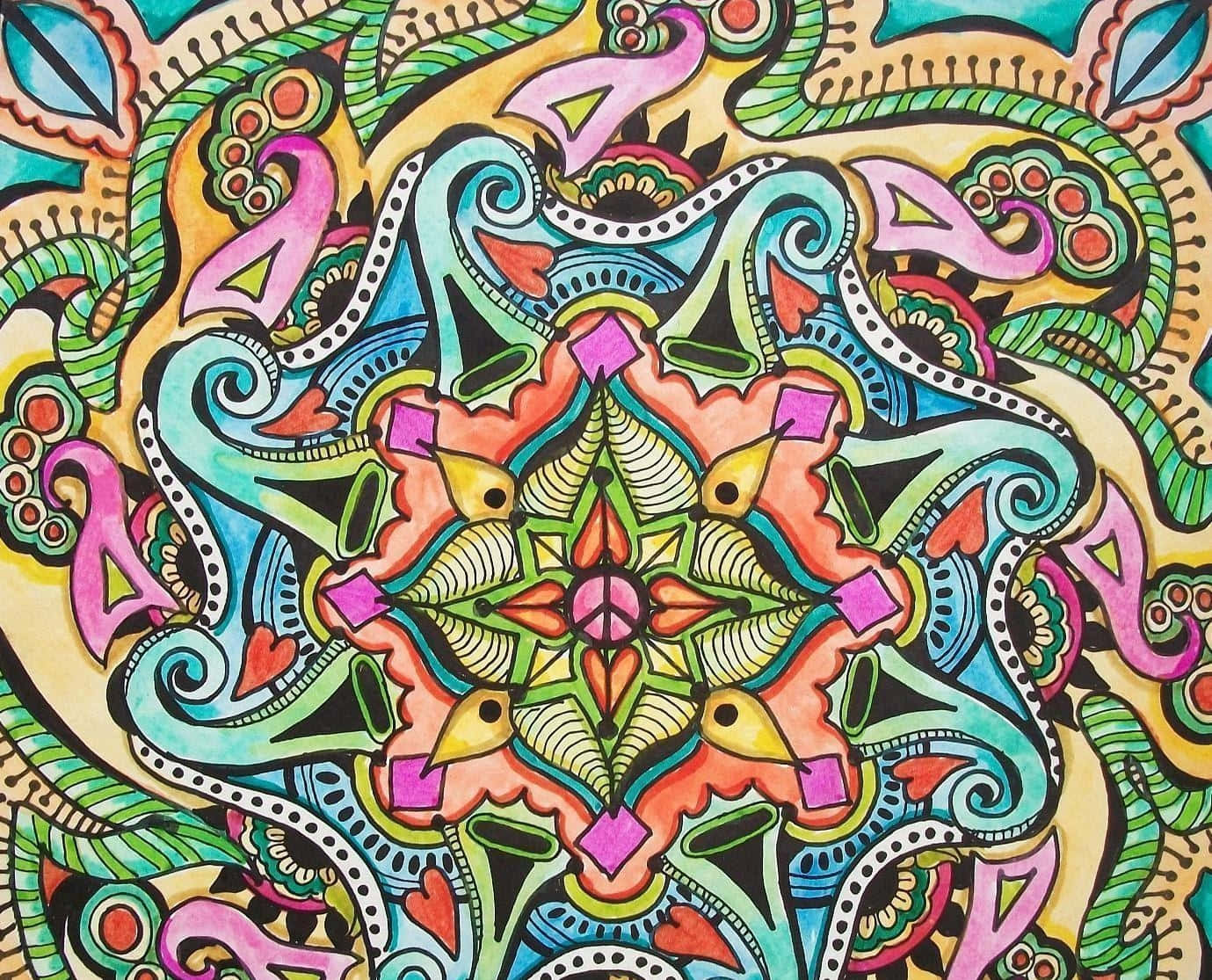 嬉皮 桌布 壁紙 — 充滿活力的對稱曼陀羅，帶有漩渦圖案和鮮豔色彩，從中央的和平標誌向外輻射。
