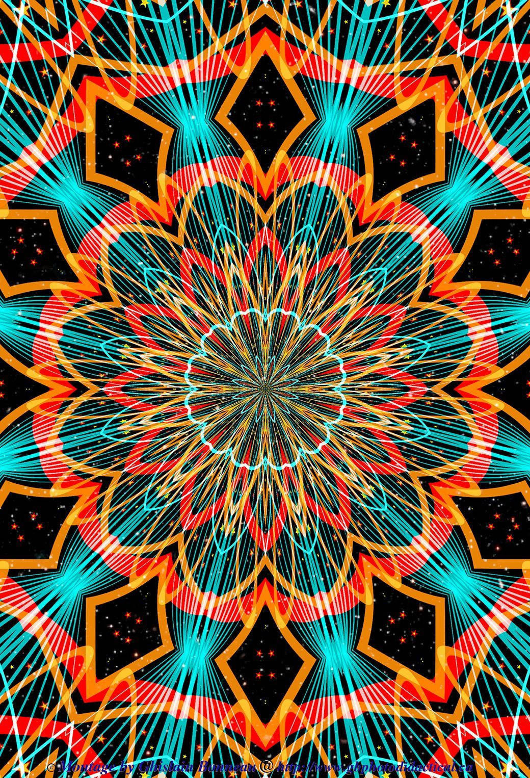 Dark Psychedelic iPhone 桌布 壁紙 — 充滿活力的對稱曼陀羅從中心向外輻射，帶有火熱的橙色、藍綠色和黑色的宇宙圖案。