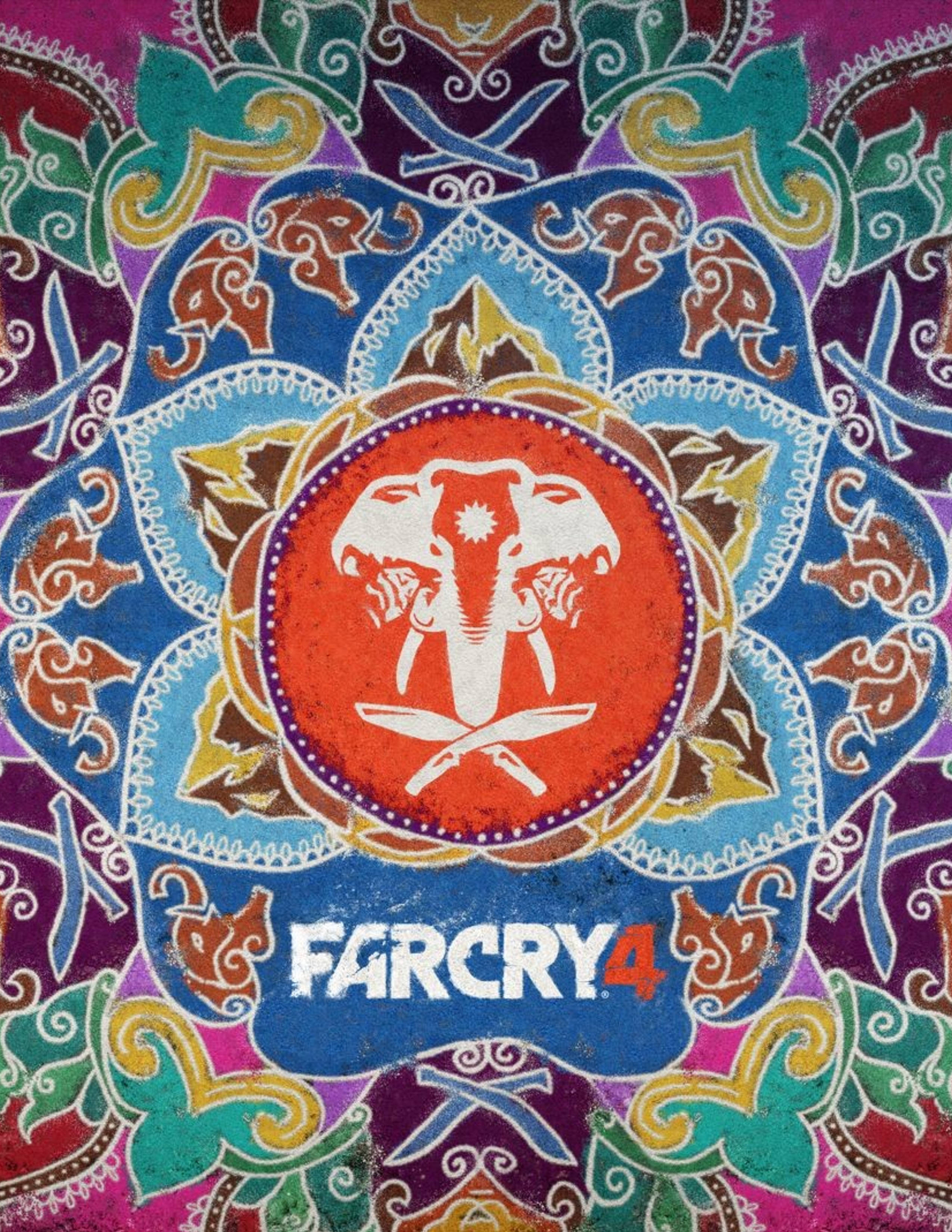 far cry iPhone 桌布 壁紙 — 充滿活力的對稱曼陀羅藝術，中央有大象頭骨標誌，周圍環繞著大膽色彩的華麗部落圖案。
