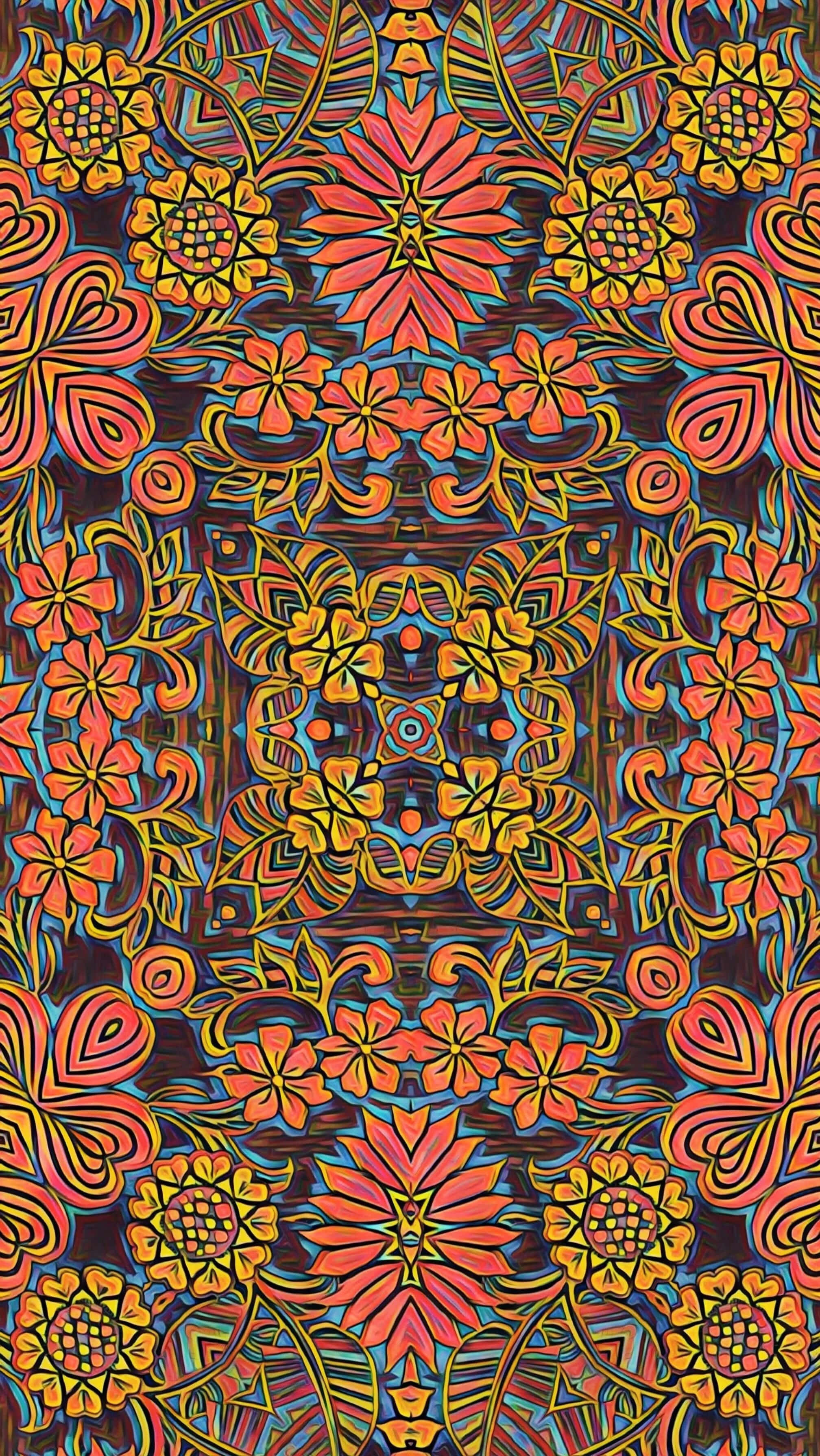 60s 桌布 壁紙 — 充滿活力的對稱花卉圖案，在深色背景上採用大膽的橙色、紅色、黃色和藍綠色調。