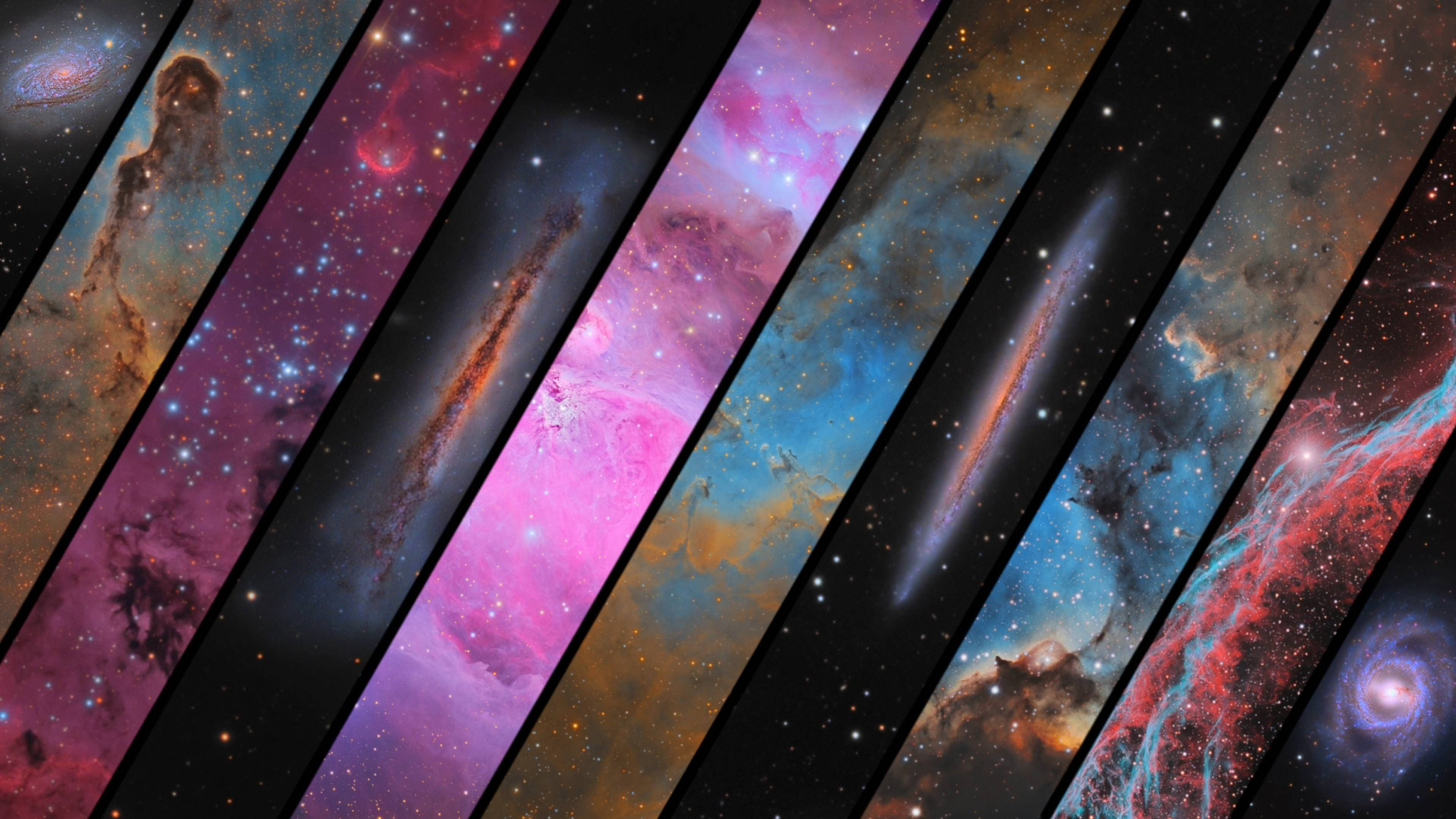 Cosmos 桌布 壁紙 — 充滿活力的對角線條展示宇宙奇觀，包括星雲、星系和星場，呈現鮮豔的粉紅色、藍色和紫色。