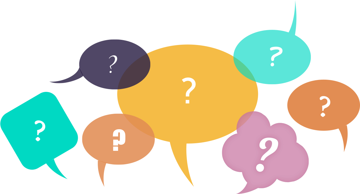 Question Mark 桌布 壁紙 — 充滿活力的對話氣泡以青綠色、橙色、紫色和黃色在黑色背景上漂浮，每個氣泡內都有一個白色問號。