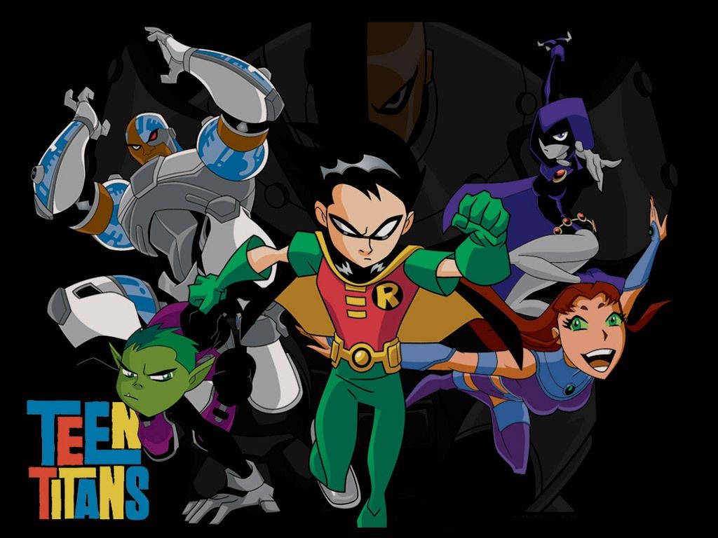 teen titans go 桌布 壁紙 — 充滿活力的少年泰坦團隊在黑暗背景下以大膽的漫畫色彩和動作線條英勇地擺出姿勢。