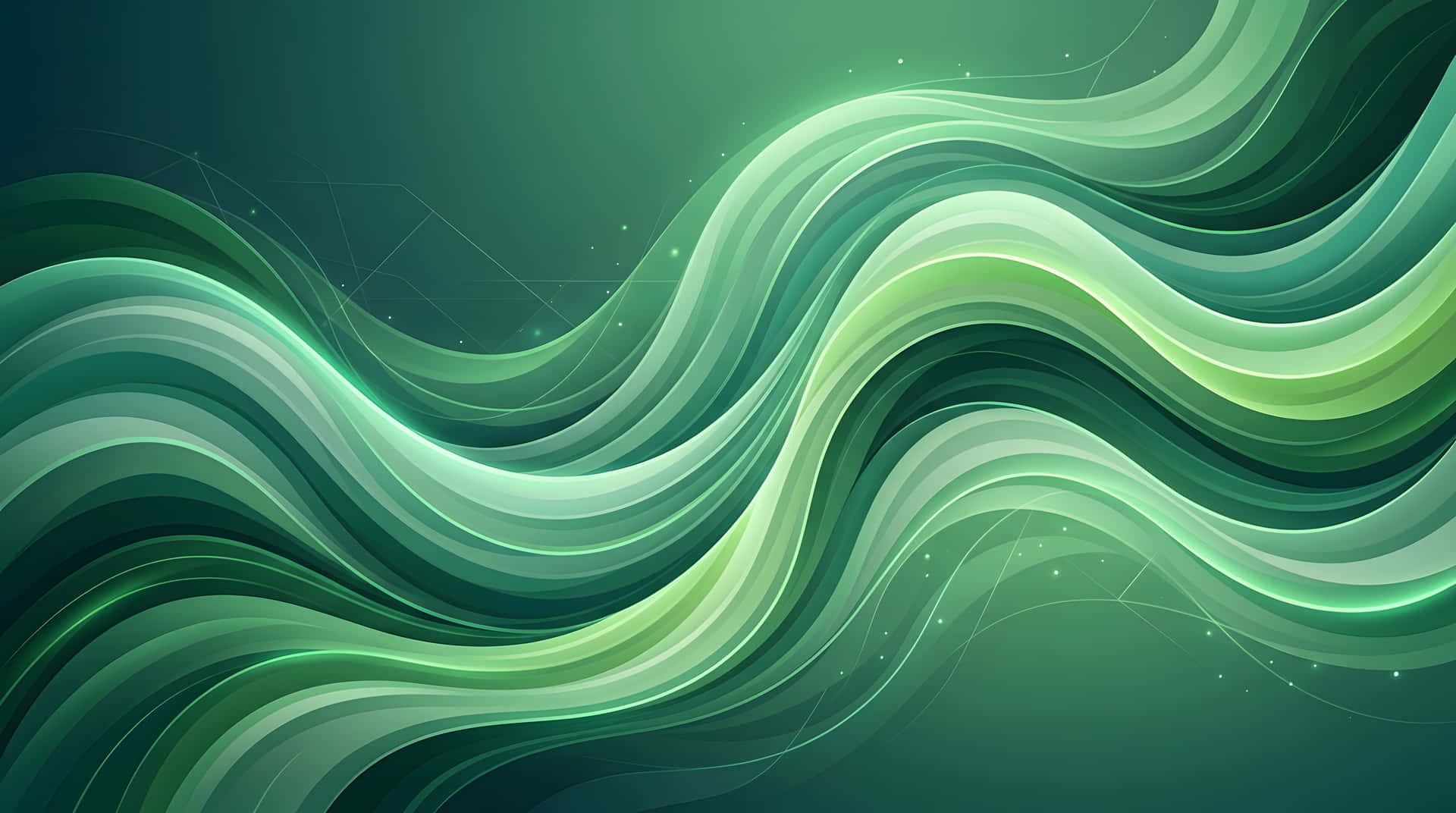 Vibrant green waves ripple across a deep teal backdrop 壁紙 — 充滿活力的層疊綠色波浪在深藍綠色背景上動態流動，帶有發光高光和微妙的幾何線條。