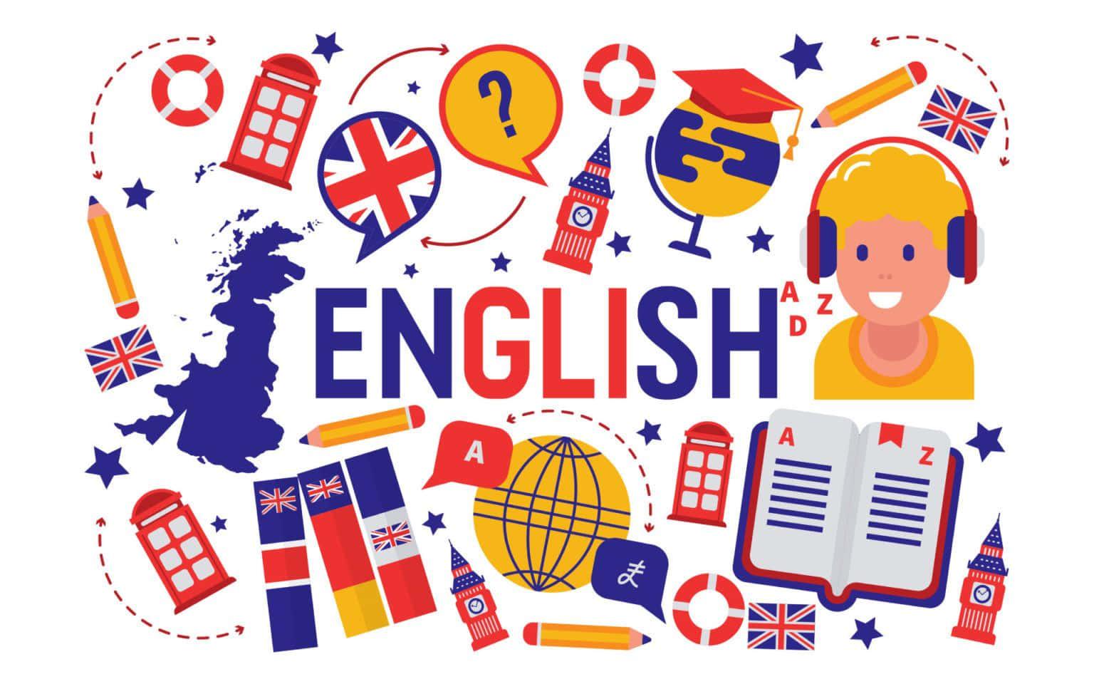 Learning 桌布 壁紙 — 充滿活力的平面插圖，展示英語學習，包含大笨鐘、英國國旗和戴耳機的學生等圖標。
