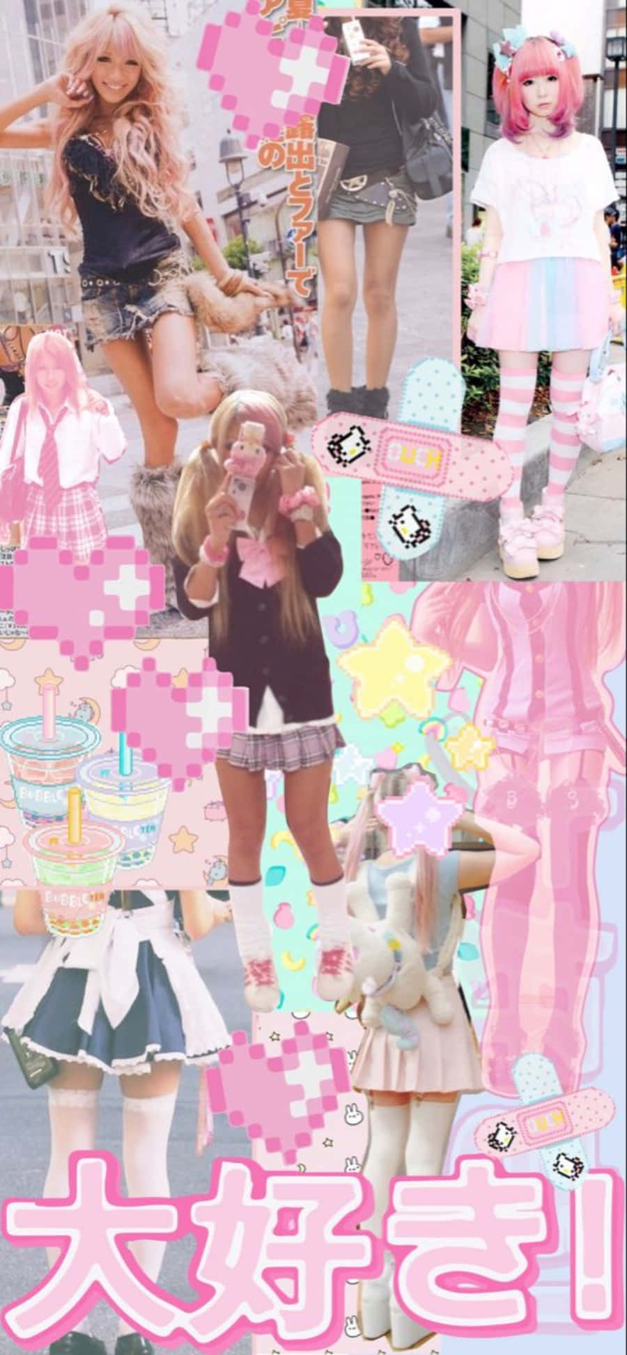Gyaru 桌布 壁紙 — 充滿活力的年輕女性拼貼畫，展現可愛街頭時尚，搭配粉紅心形和Hello Kitty圖案。