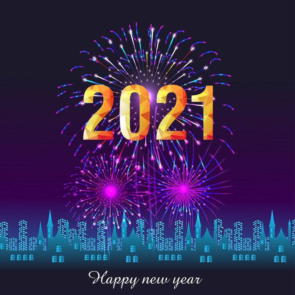 Fireworks 桌布 壁紙 — 充滿活力的幾何2021年煙火在發光的藍色城市天際線上爆炸，慶祝新年。