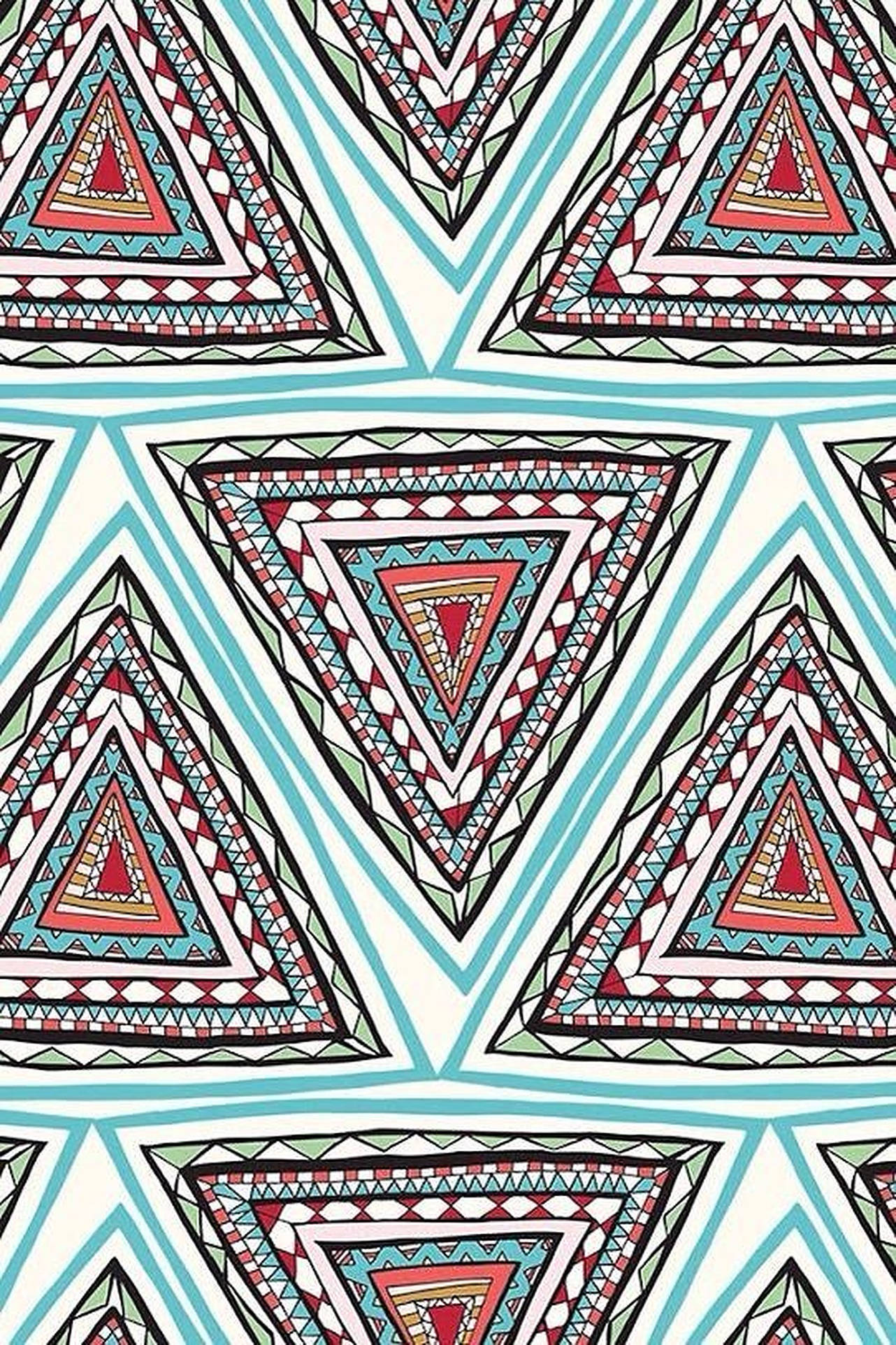 Tribal 桌布 壁紙 — 充滿活力的幾何三角形，帶有複雜的部落圖案，以青綠色、紅色和綠色呈現於白色背景上。