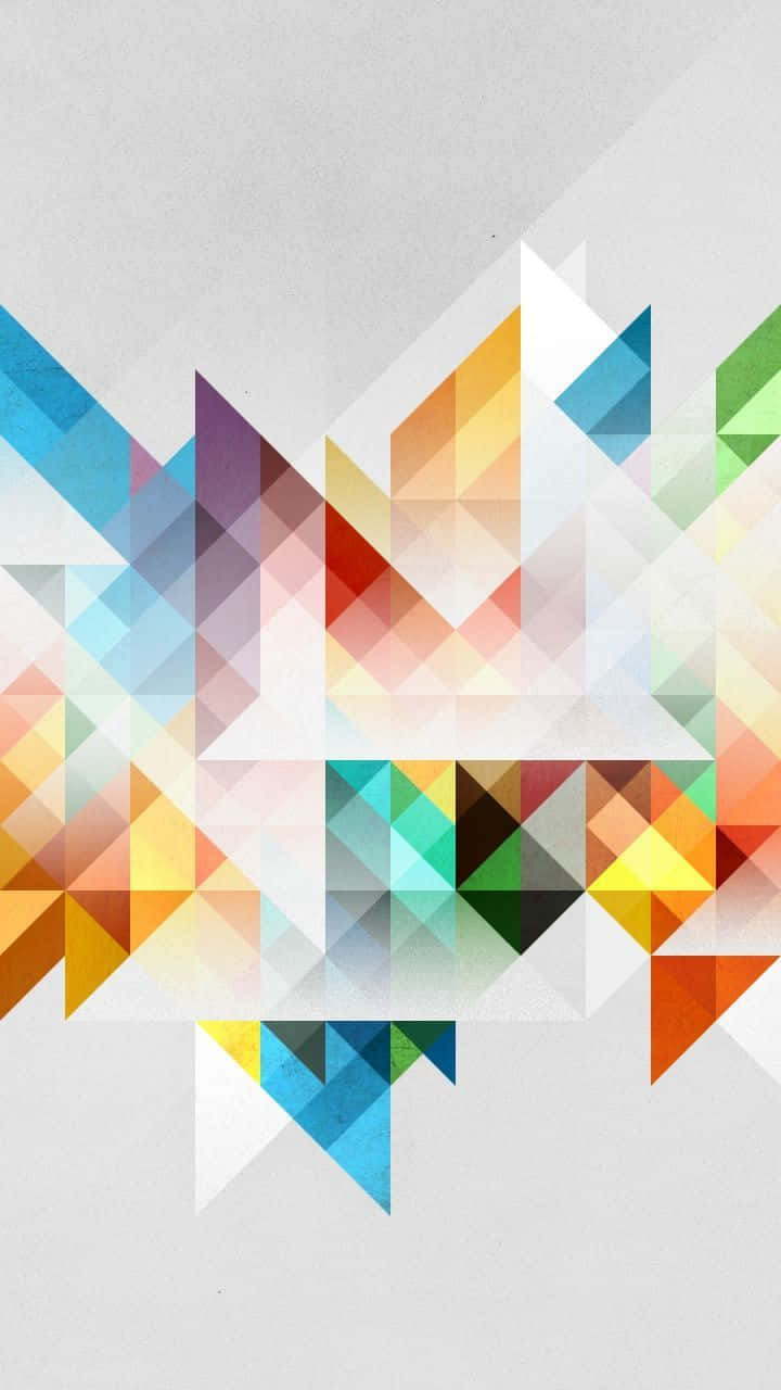 幾何 桌布 壁紙 — 充滿活力的幾何三角形以彩虹色調向外輻射，背景為柔和的灰色紋理。