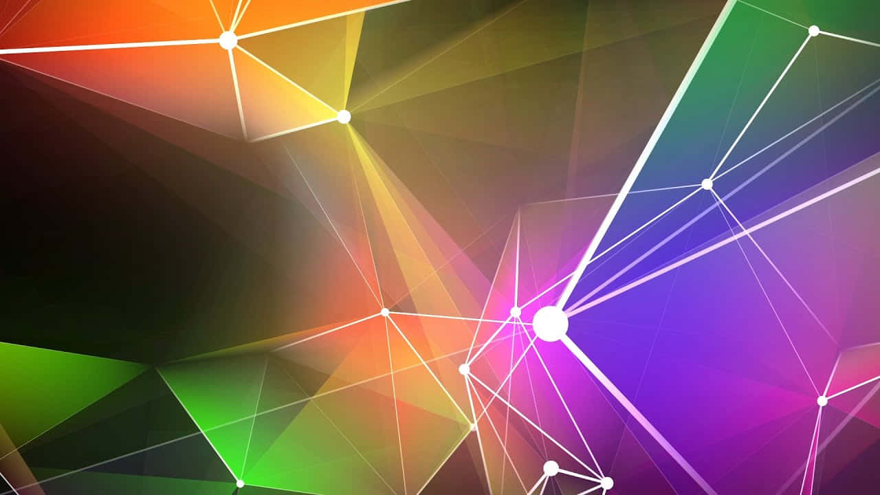 RGB 桌布 壁紙 — 充滿活力的幾何三角形以彩虹色調呈現，由發光的白色線條連接，形成動態的抽象數位圖案。