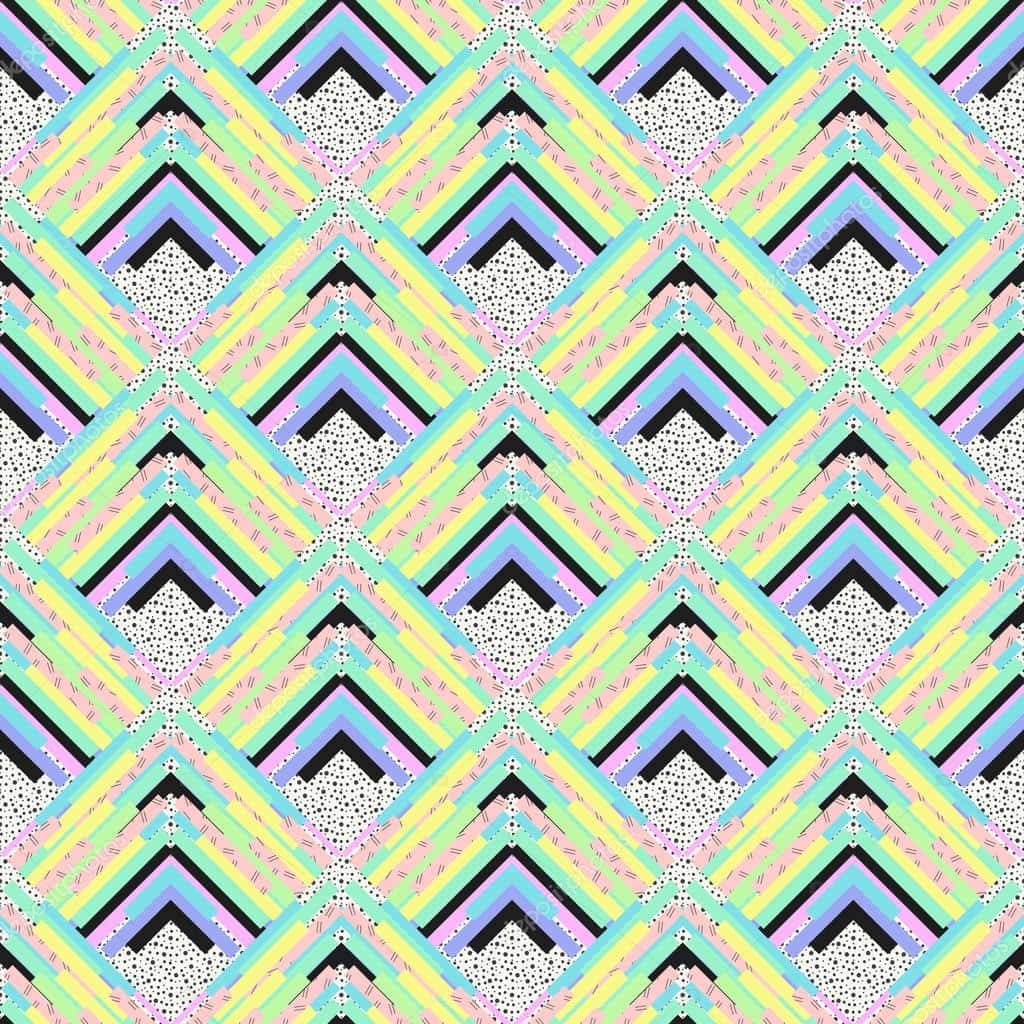 Postmodernism 桌布 壁紙 — 充滿活力的幾何人字形圖案，帶有粉彩條紋和圓點，形成重複的菱形形狀。