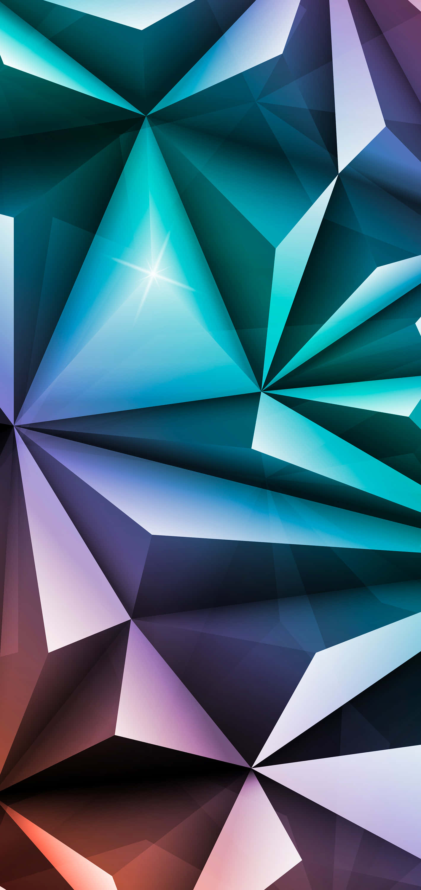 Geometric iPhone 桌布 壁紙 — 充滿活力的幾何切面，以青綠色、紫色和橙色在深色漸變背景上散發著銳利的高光。