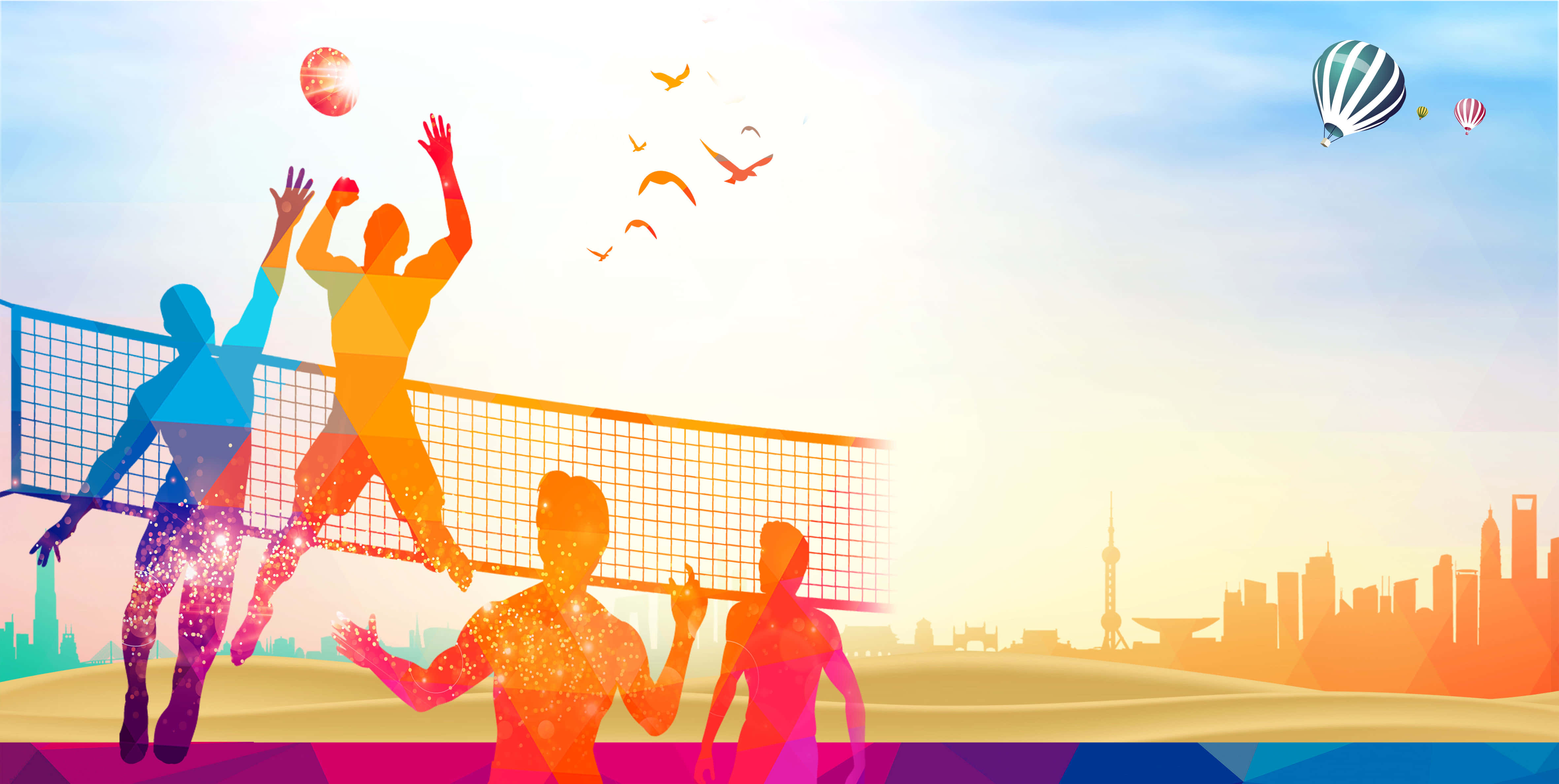 Cute Volleyball 桌布 壁紙 — 充滿活力的幾何剪影排球運動員在日落城市景觀中跳躍，伴有熱氣球和飛鳥。