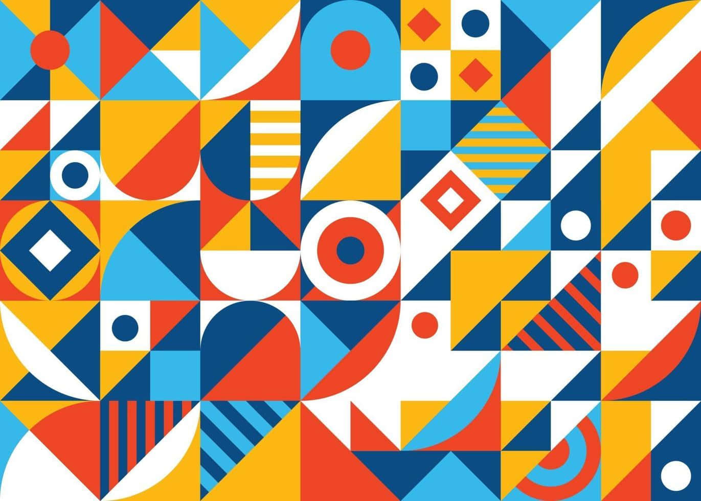 Mosaic 桌布 壁紙 — 充滿活力的幾何圖案，以鮮明的紅色、藍色和黃色形狀排列成動態抽象構圖。