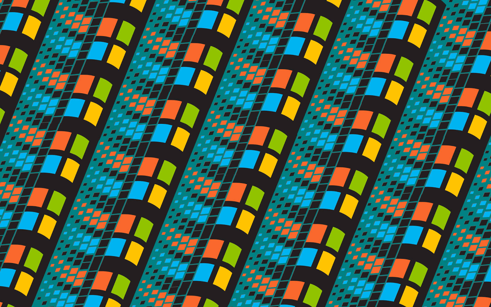 Windows 95 動態圖 桌布 壁紙 — 充滿活力的幾何圖案，在深青色背景上重複彩色正方形，帶有對角線條紋。
