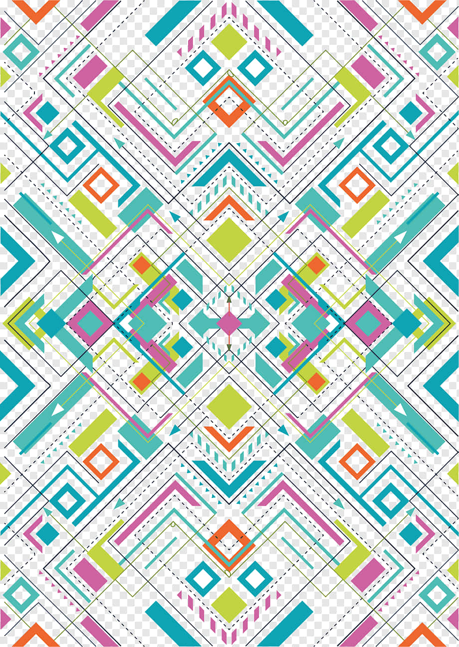 Geometric Pattern 桌布 壁紙 — 充滿活力的幾何圖案，在白色背景上重複出現青綠色、粉紅色、萊姆色和橙色的鑽石和箭頭形狀。