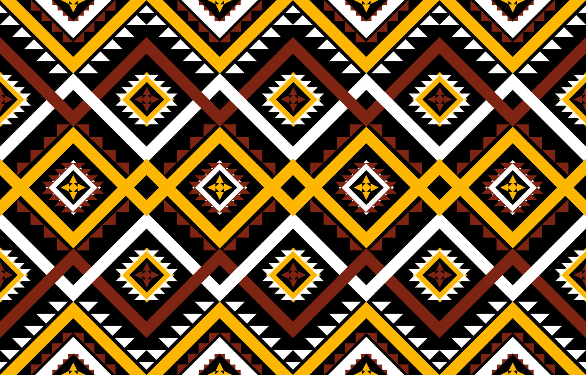 Tribal 桌布 壁紙 — 充滿活力的幾何圖案，在黑色背景上重複出現大膽的黃色、棕色和白色菱形。