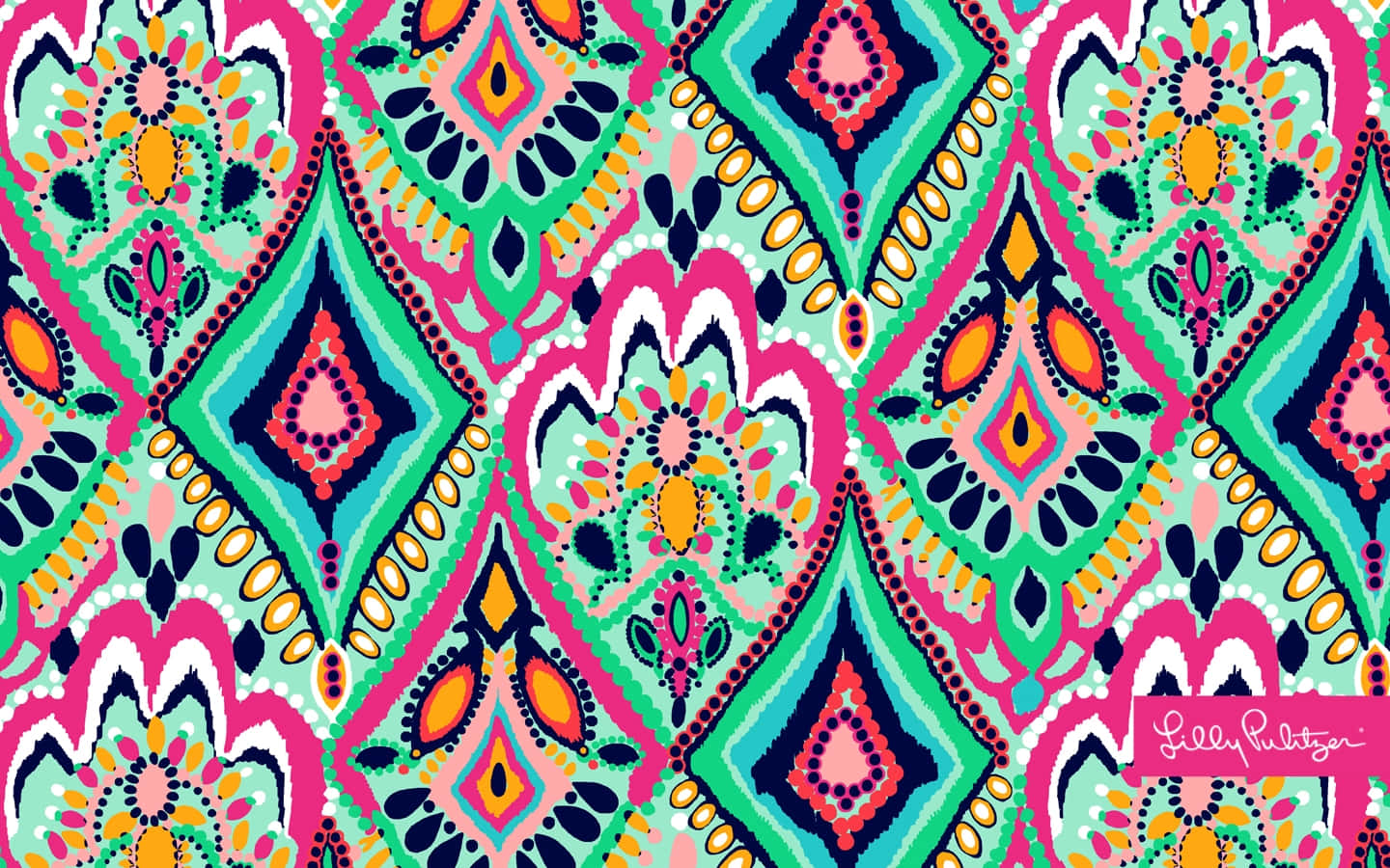 莉莉·普利策 桌布 壁紙 — 充滿活力的幾何圖案，帶有醒目的粉紅色、綠色和橙色形狀，重複的鑽石和花卉圖案。