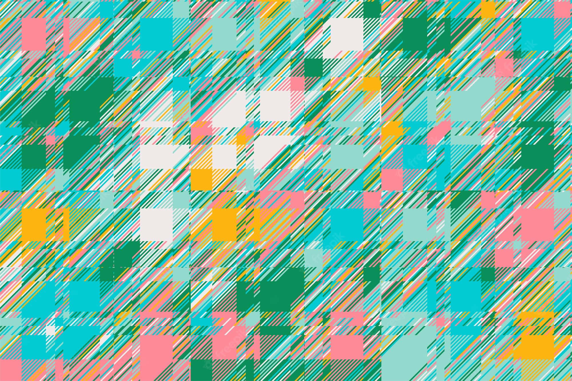 Glitch Effect 桌布 壁紙 — 充滿活力的幾何圖案，帶有重疊的正方形和對角線條紋，顏色為青綠色、粉紅色、黃色和白色。