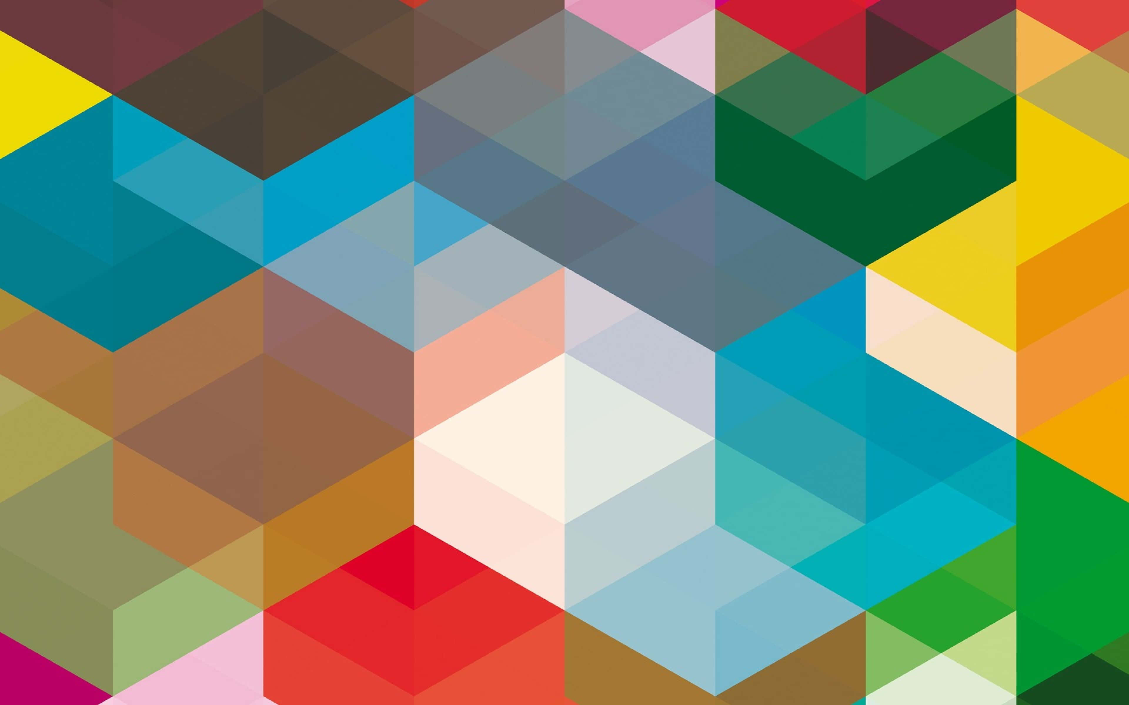 Geometric Shapes 桌布 壁紙 — 充滿活力的幾何圖案，由彩色六邊形排列成動態的三維鑲嵌圖案。