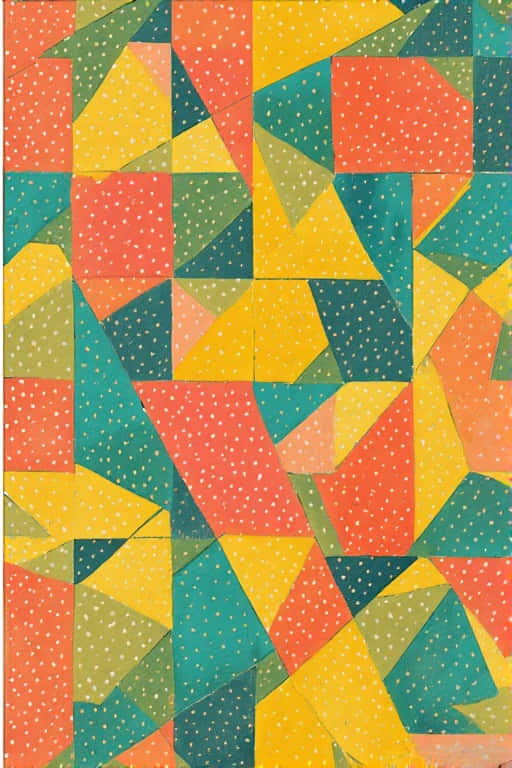 Geometric Pattern in Mustard Yellow, Teal, and Coral 壁紙 — 充滿活力的幾何圖案壁紙，以大膽的橙色、黃色、藍綠色和綠色形狀為主，並以白色圓點點綴。