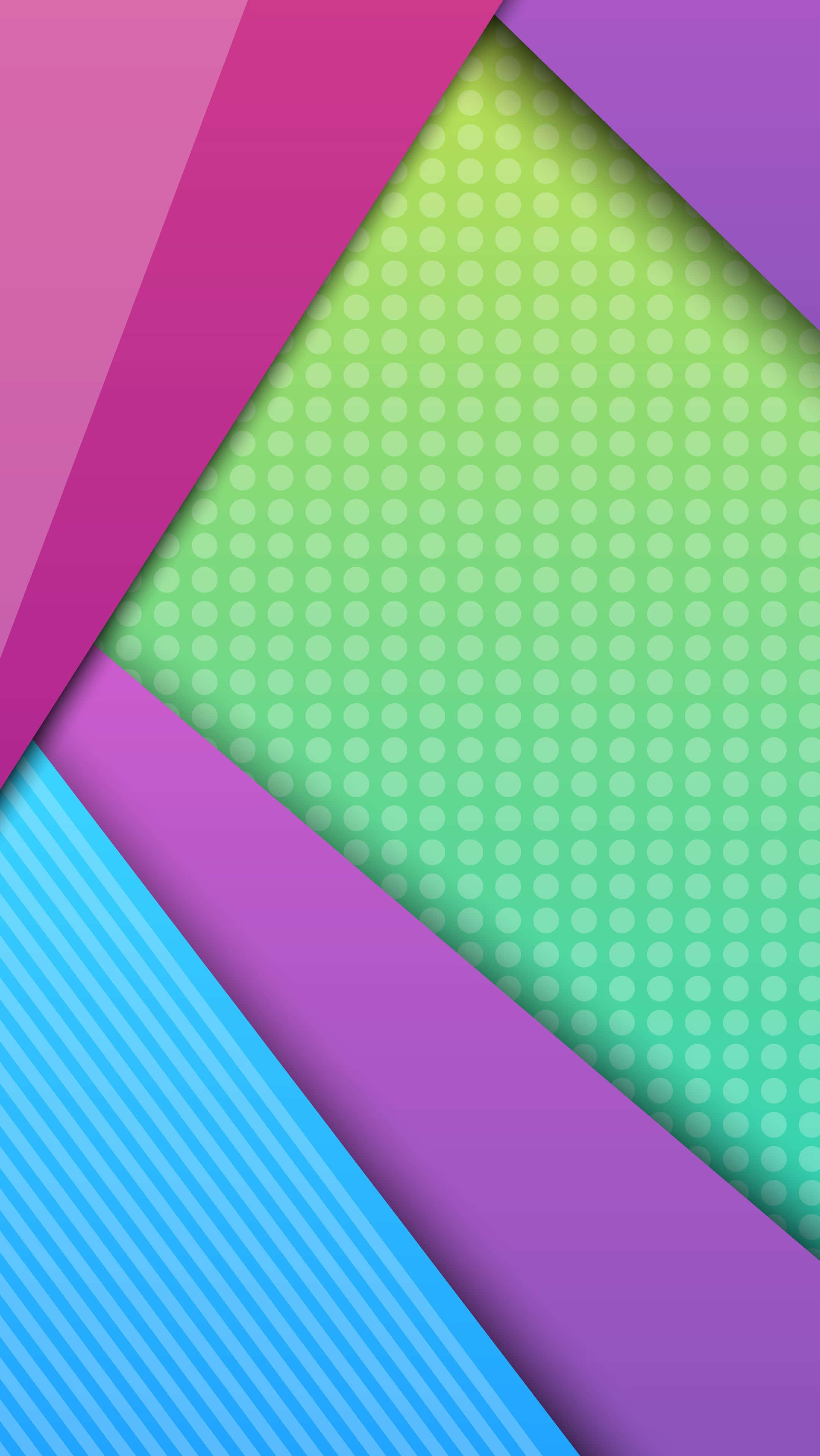 Android Material 桌布 壁紙 — 充滿活力的幾何圖案壁紙，採用大膽的粉紅、紫色和藍色面板，飾有圓點和條紋圖案。